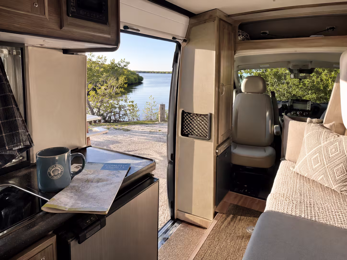 Camper van interior at a waterfront RV park in Punta Gorda, FL