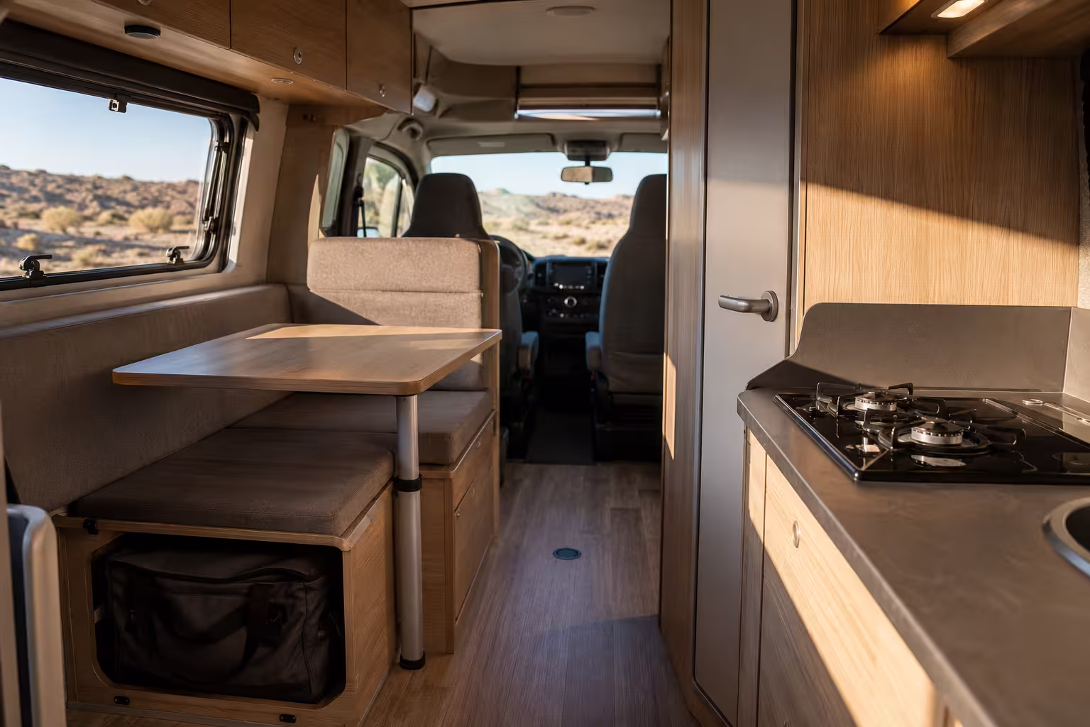 Compact motorhome interior with dinette and small galley