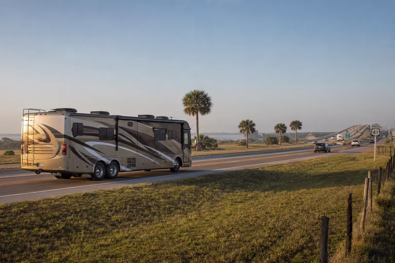 Large RV traveling US 41 near Punta Gorda, Florida
