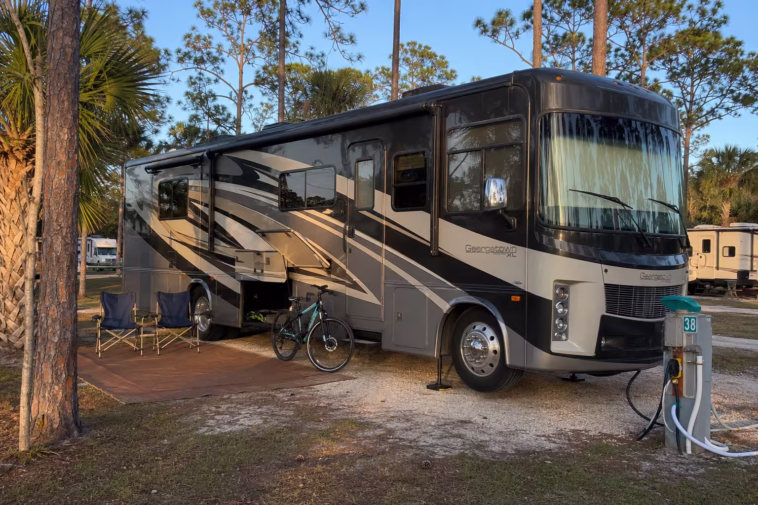 Class A motorhome on a long term site at a Punta Gorda RV park