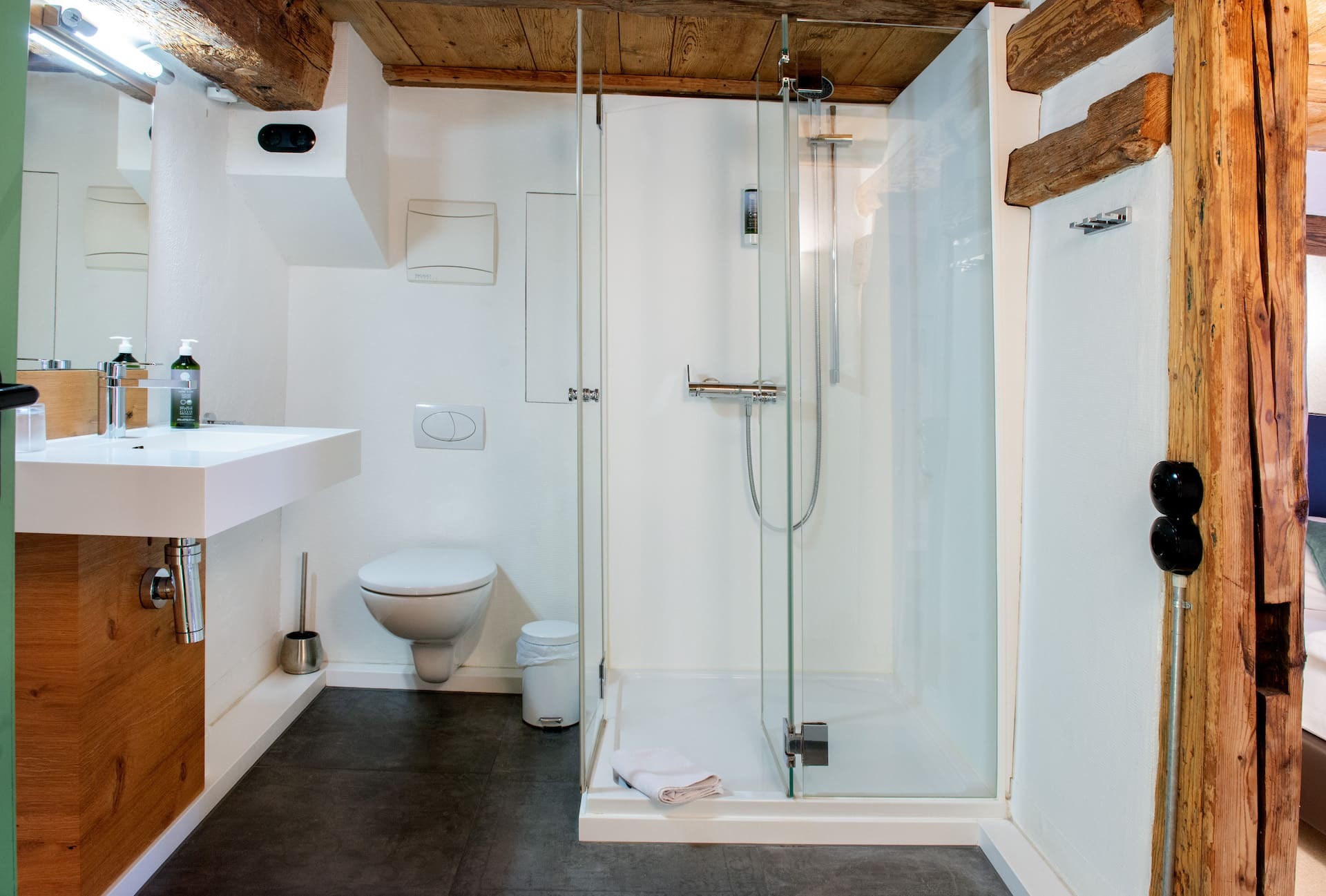 Badezimmer mit Waschbecken, Spiegel, Toilette, Dusche