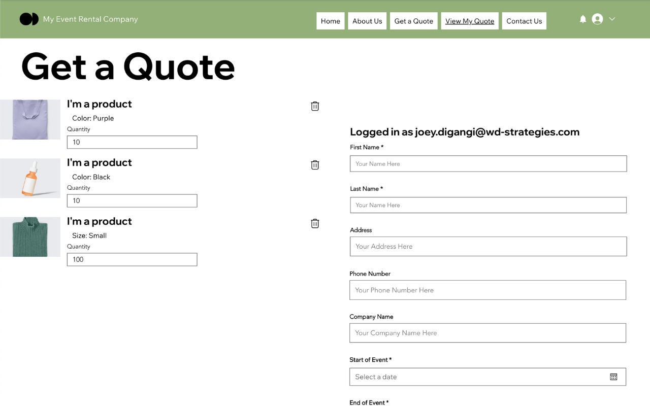 A page offering request a quote for Wix