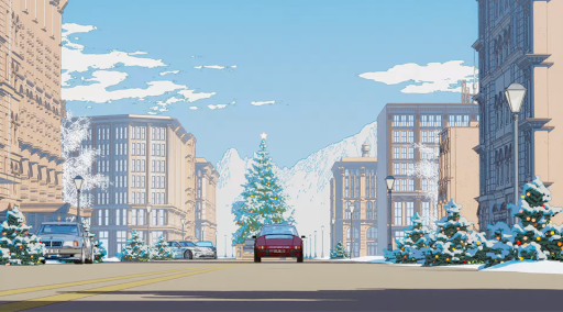 animation illustration of car driving in the city with christmas tree in the middle