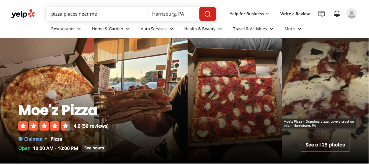 Yelp Review Page of a Local Restaurant in Harrisburg 