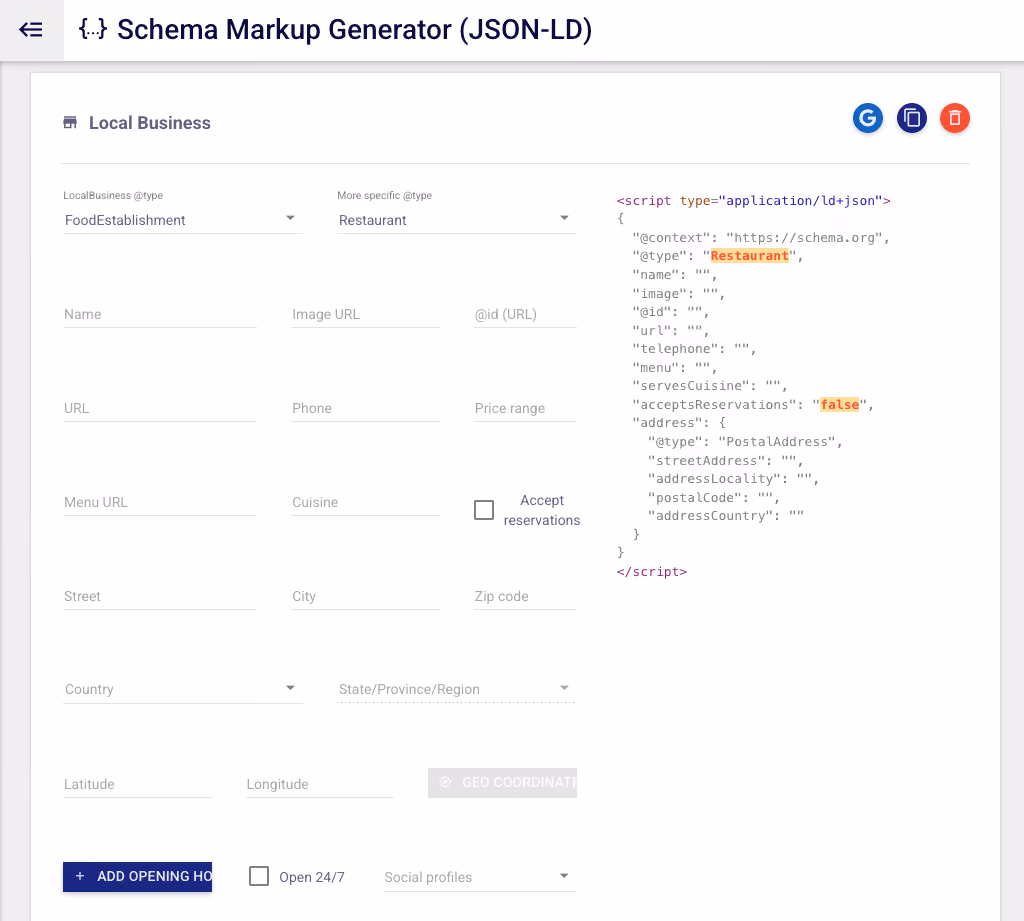 Local Business Schema Markup Generator for Restuarant
