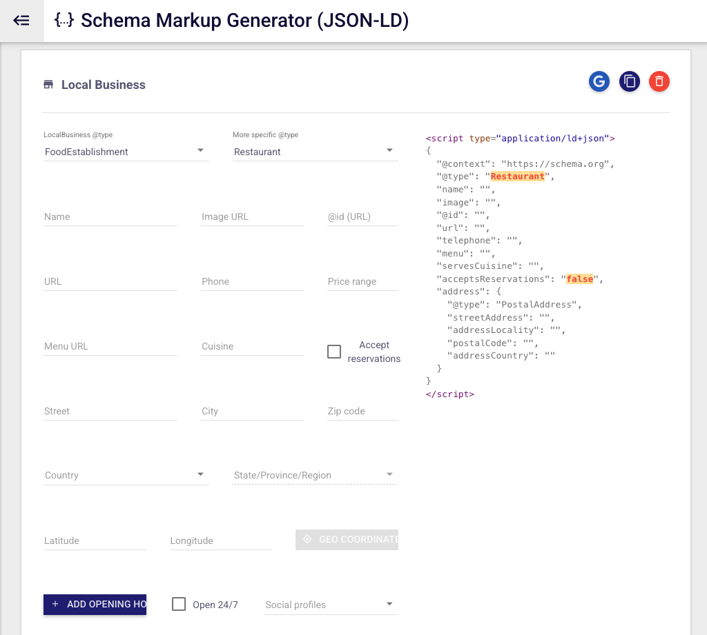 Local Business Schema Markup Generator for Restuarant