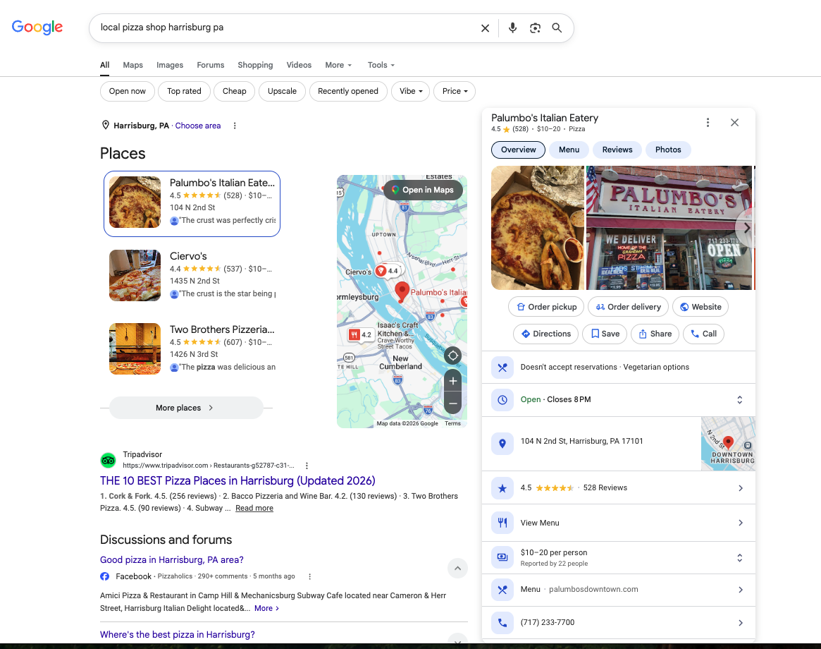 google business profile and search results when searching 'local pizza shop harrisburg pa'