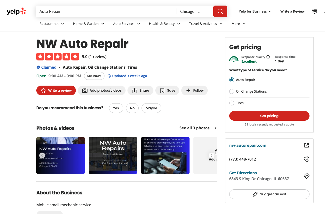 NW Auto Repair's business directory listing on Yelp