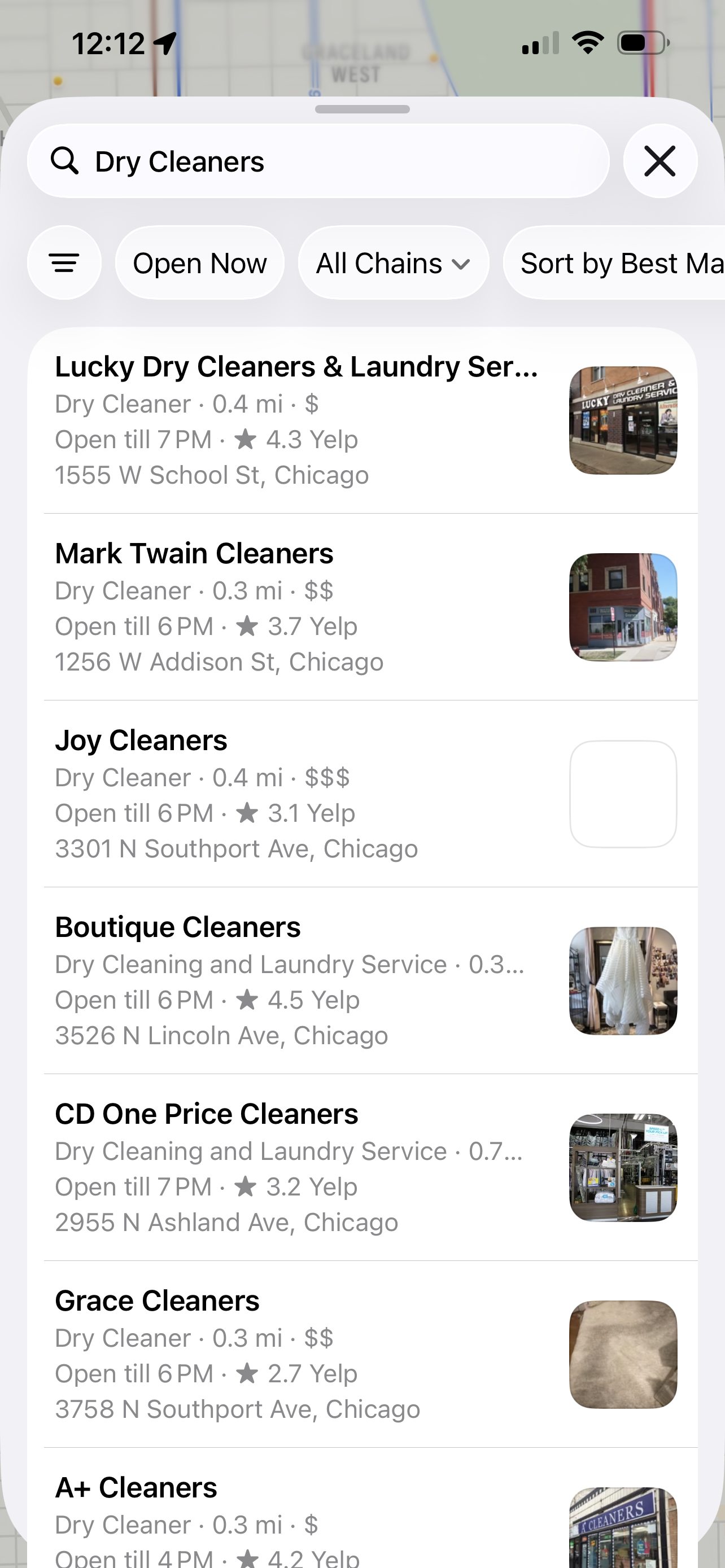 search results in Apple Maps after searching for dry cleaners 
