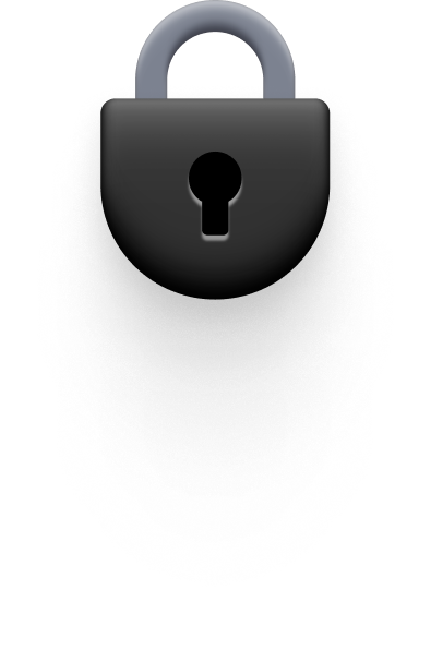 Black padlock with gray shackle casting a soft shadow on a white background.