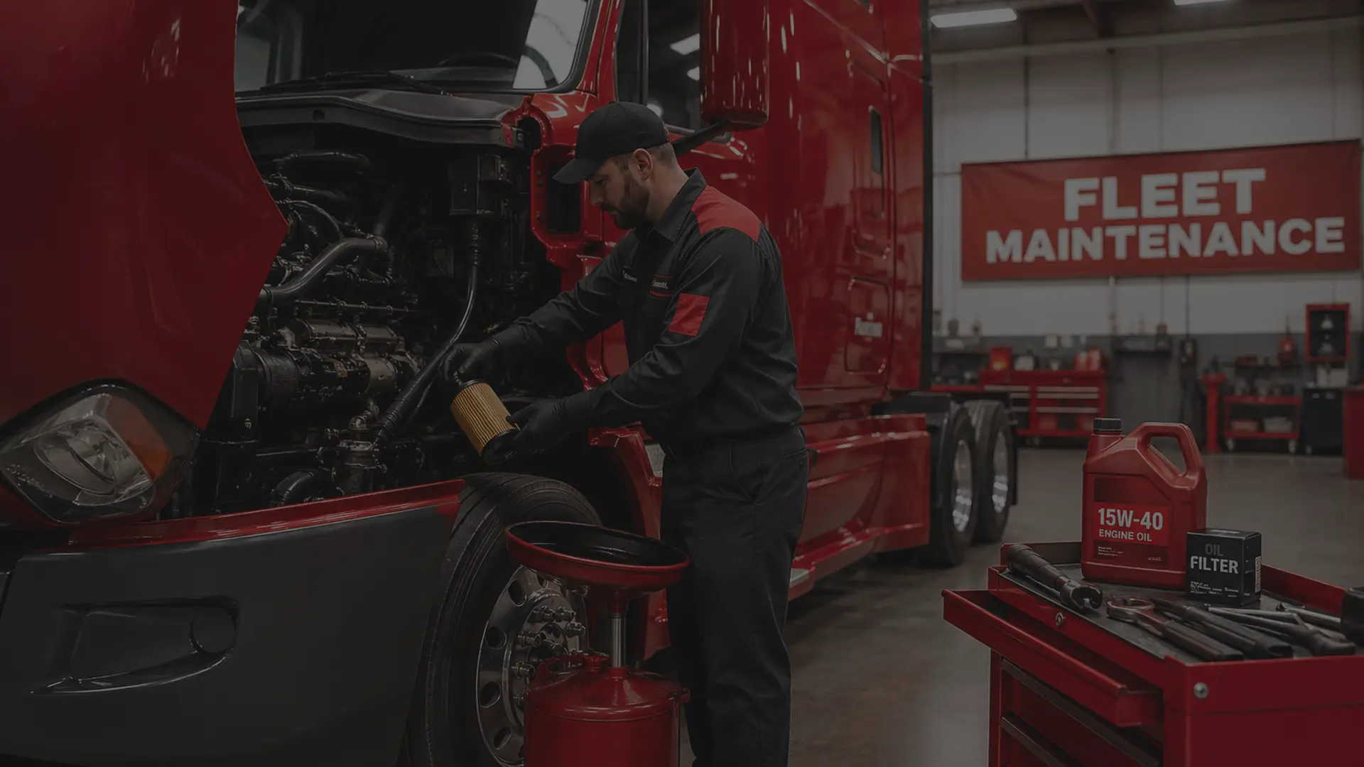 Technician performing a PM A service on a semi truck, changing engine oil and filter in a commercial fleet maintenance facility