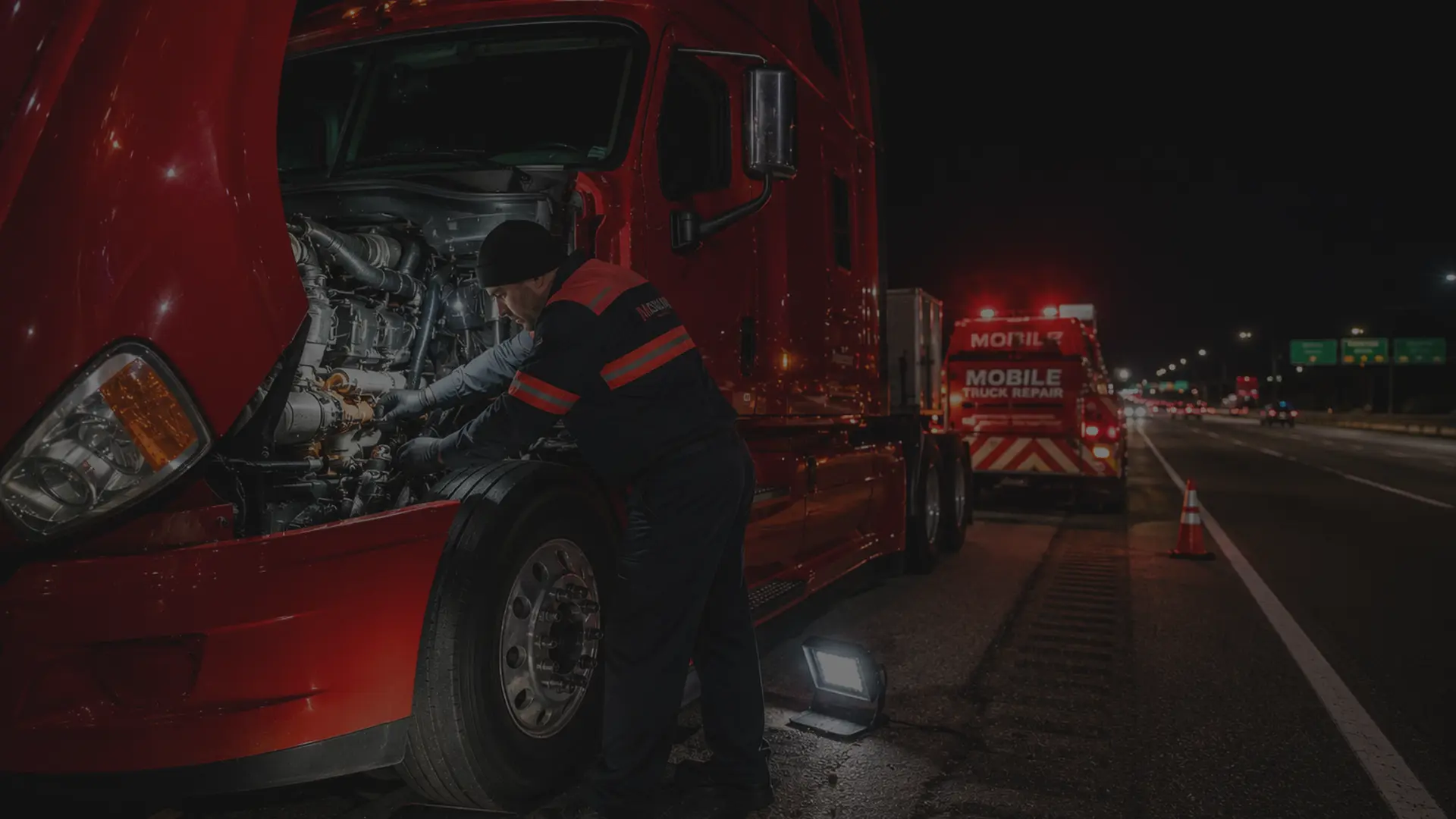Mobile truck repair technician working on a disabled semi truck on the shoulder of a US interstate highway at night, emergency lights flashing
