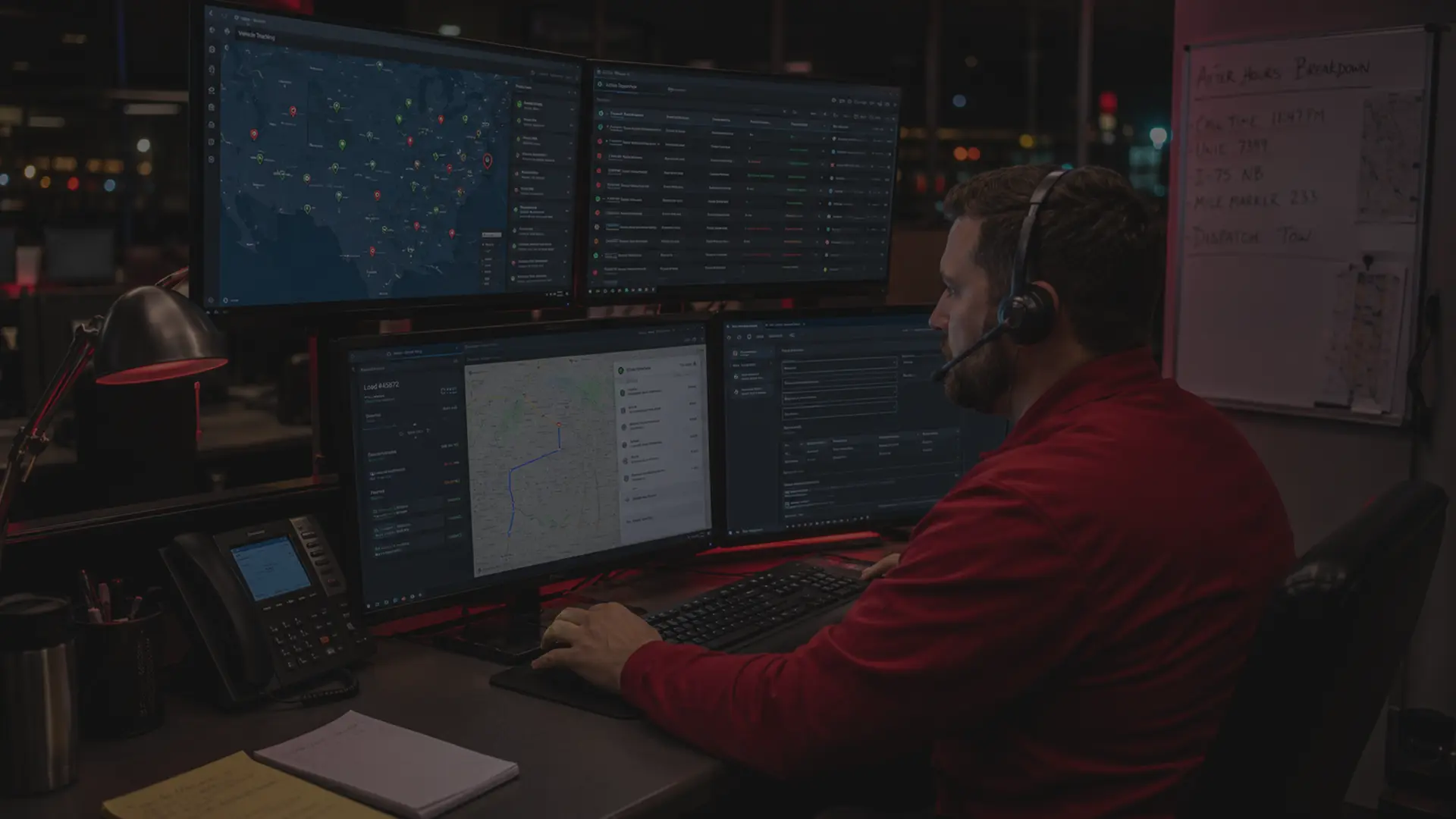 Truck fleet specialist working at a computer late at night coordinating an after-hours breakdown call, multiple monitors showing fleet tracking
