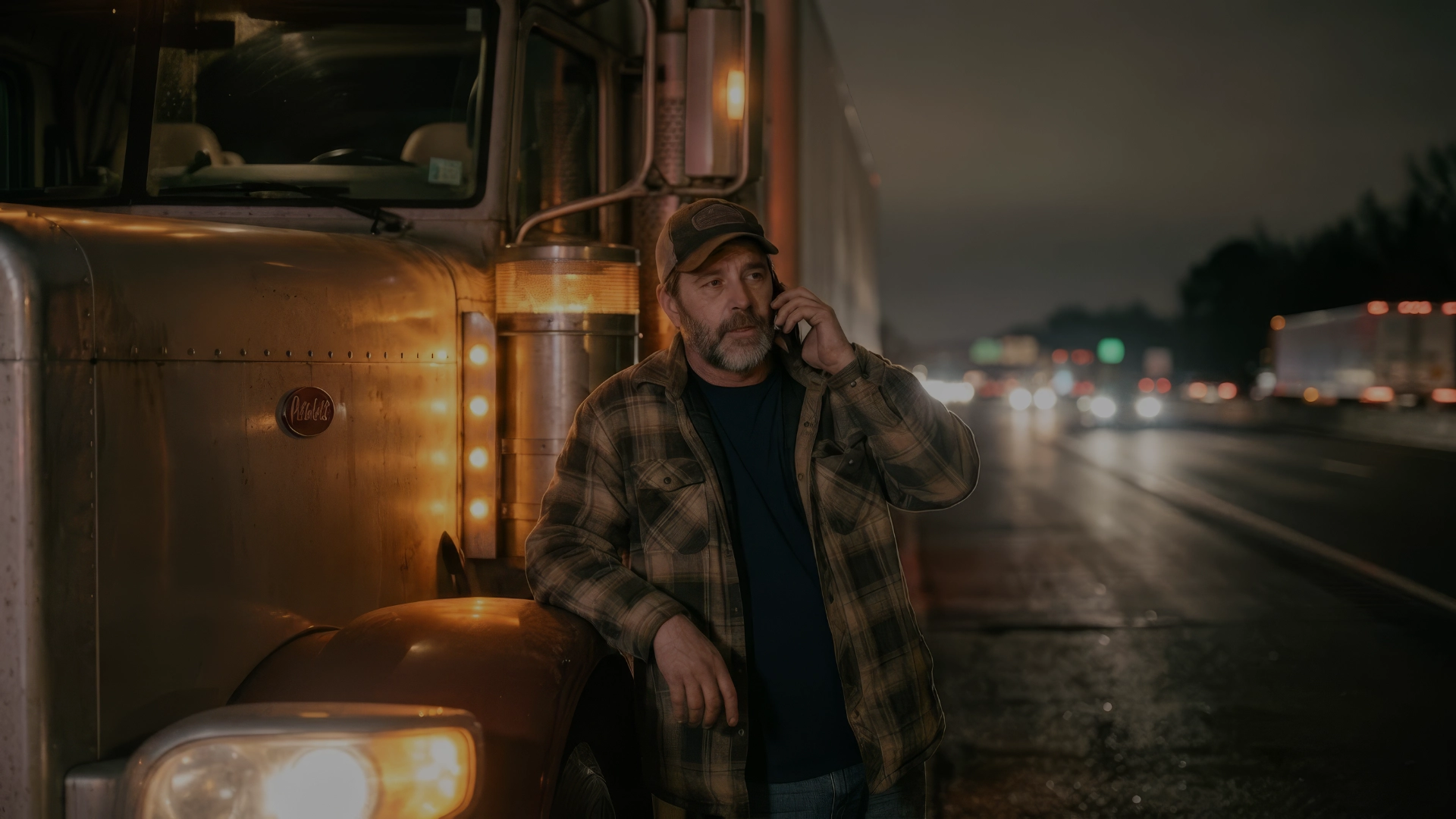 Owner operator calling Fleet Club for 24/7 roadside assistance after a semi truck breakdown on a highway shoulder at night