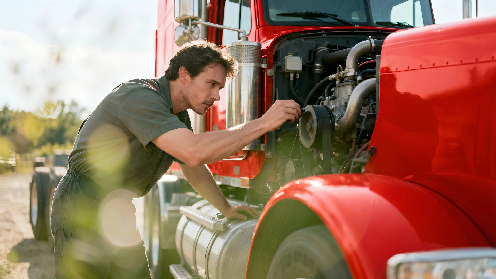 Fleet mechanic inspecting a semi truck engine bay during a scheduled preventive maintenance service