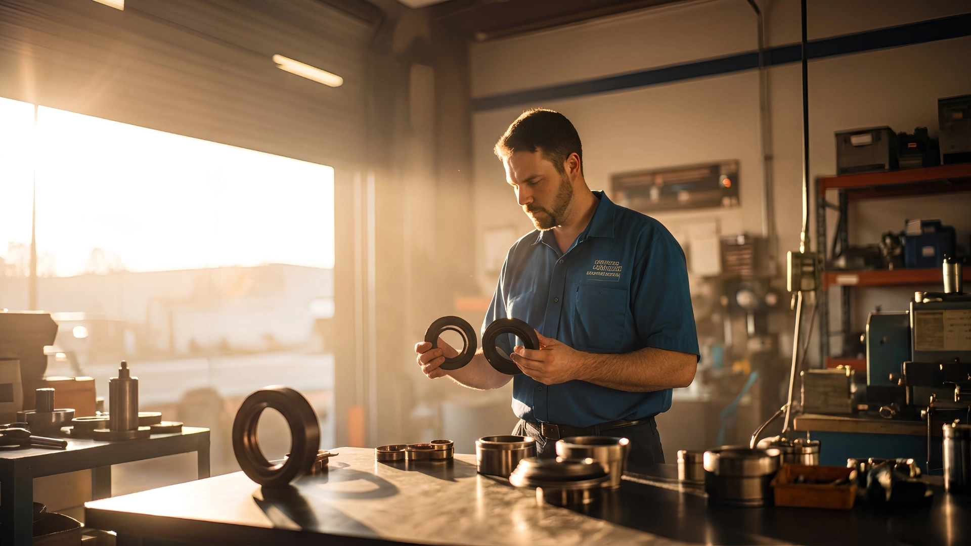 Fleet manager comparing OEM and aftermarket truck parts at a commercial repair shop counter 
