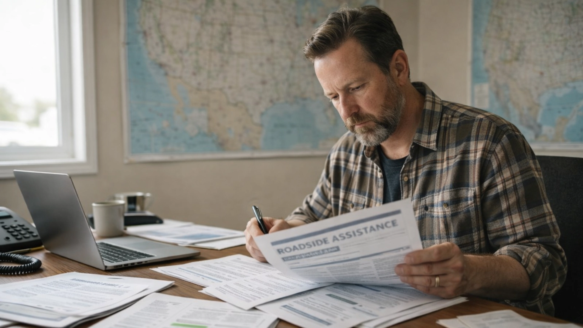Fleet manager reviewing semi truck roadside assistance plan documents at a desk