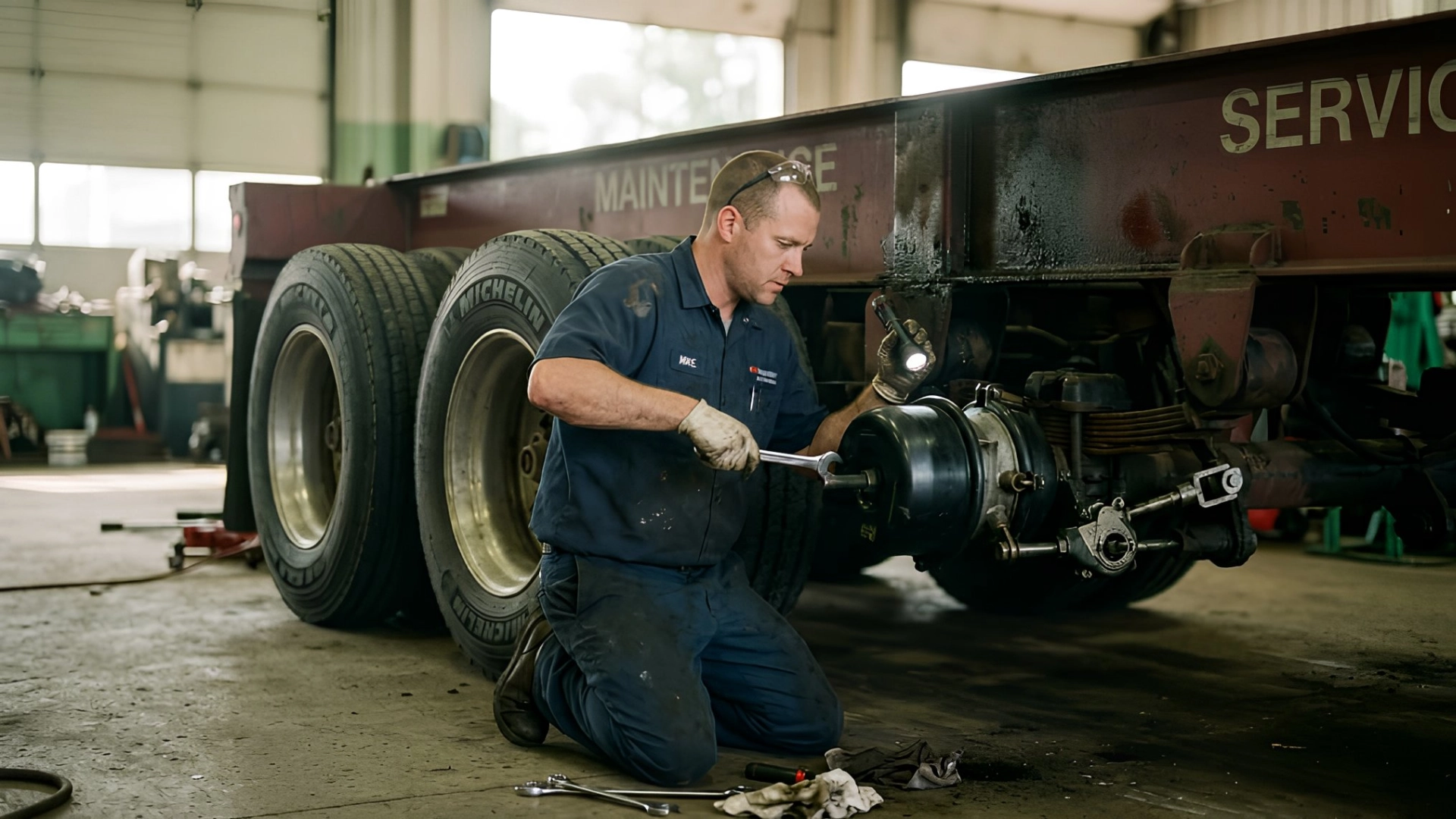 Mechanic inspecting trailer brake chambers and slack adjusters during a scheduled preventive maintenance service