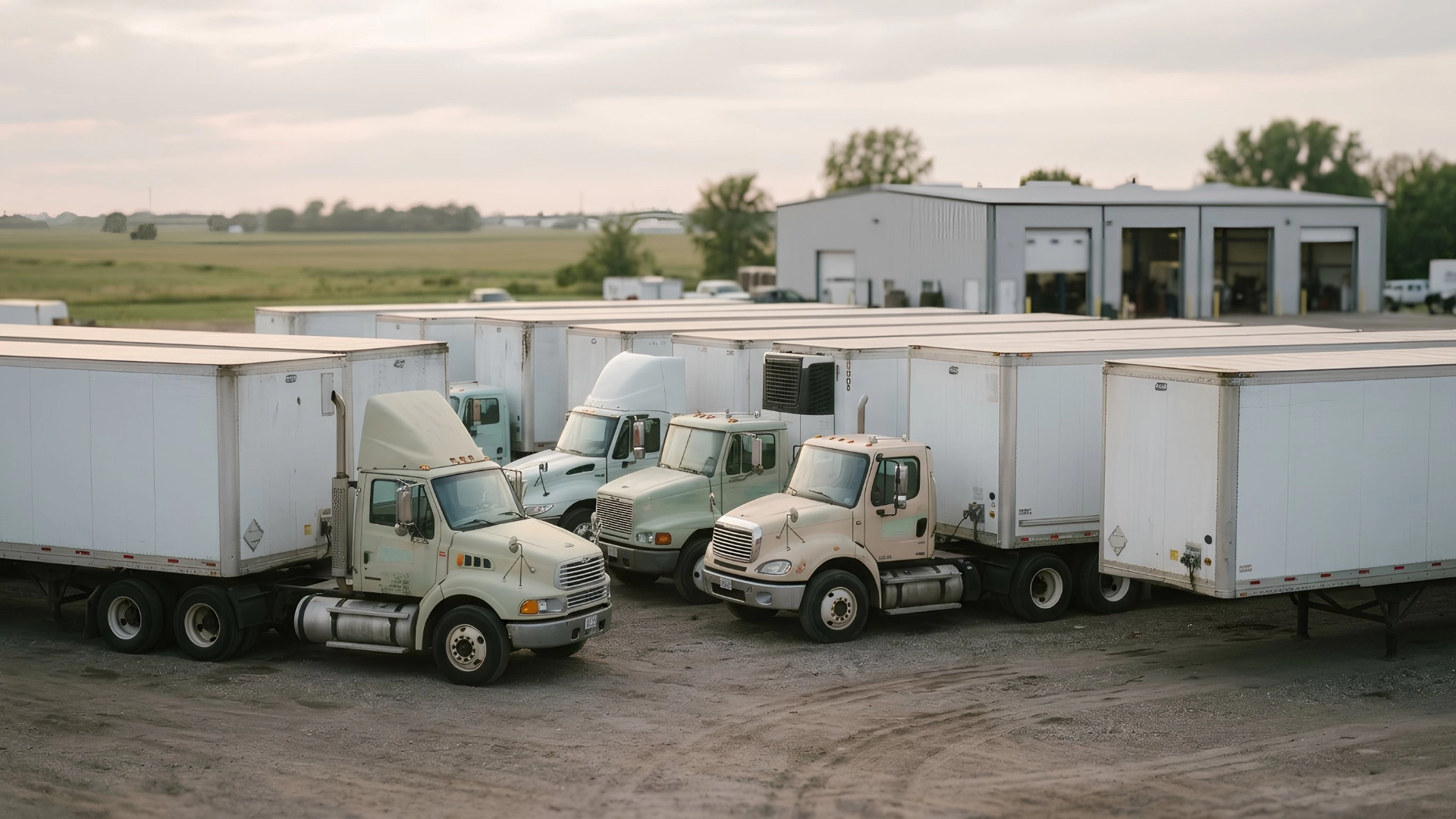 Row of semi-trailers parked at a drop lot away from a fleet maintenance facility