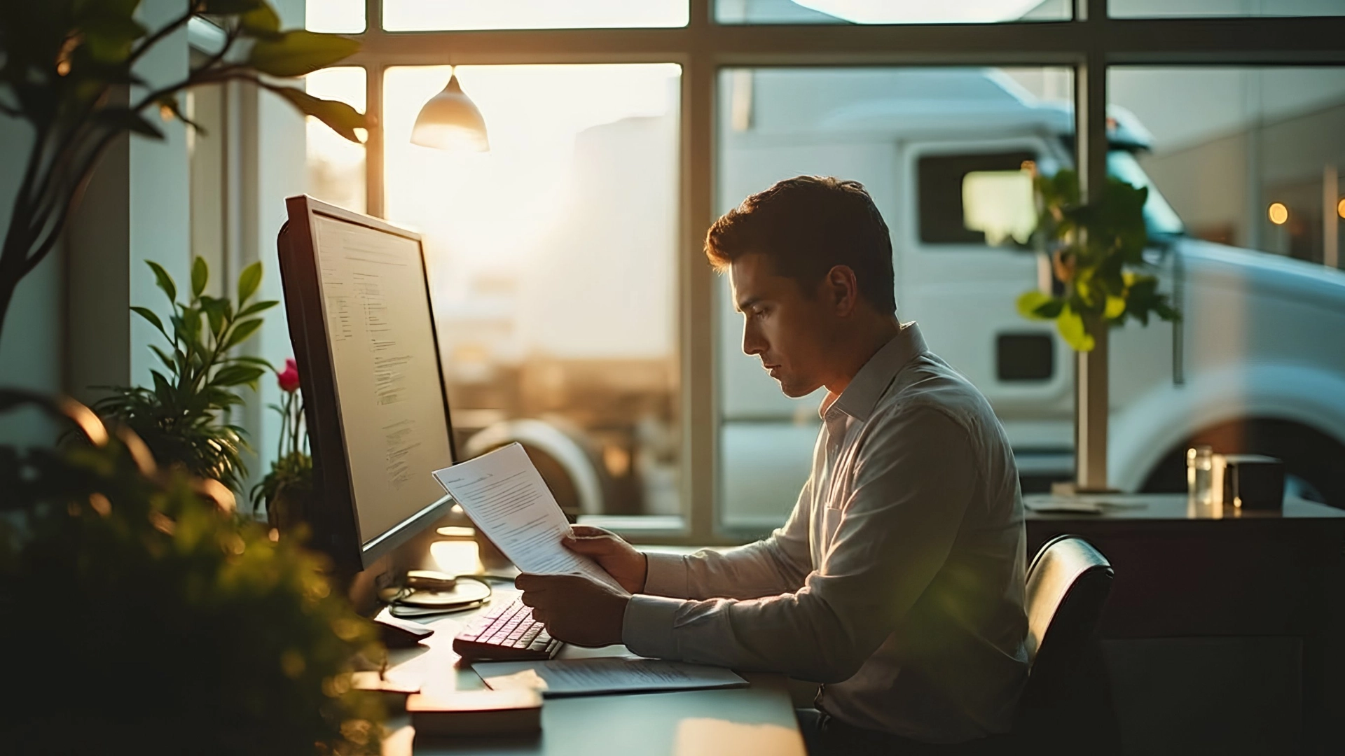 Fleet manager reviewing DOT compliance documentation and maintenance records at a desk with a commercial truck visible through the window
