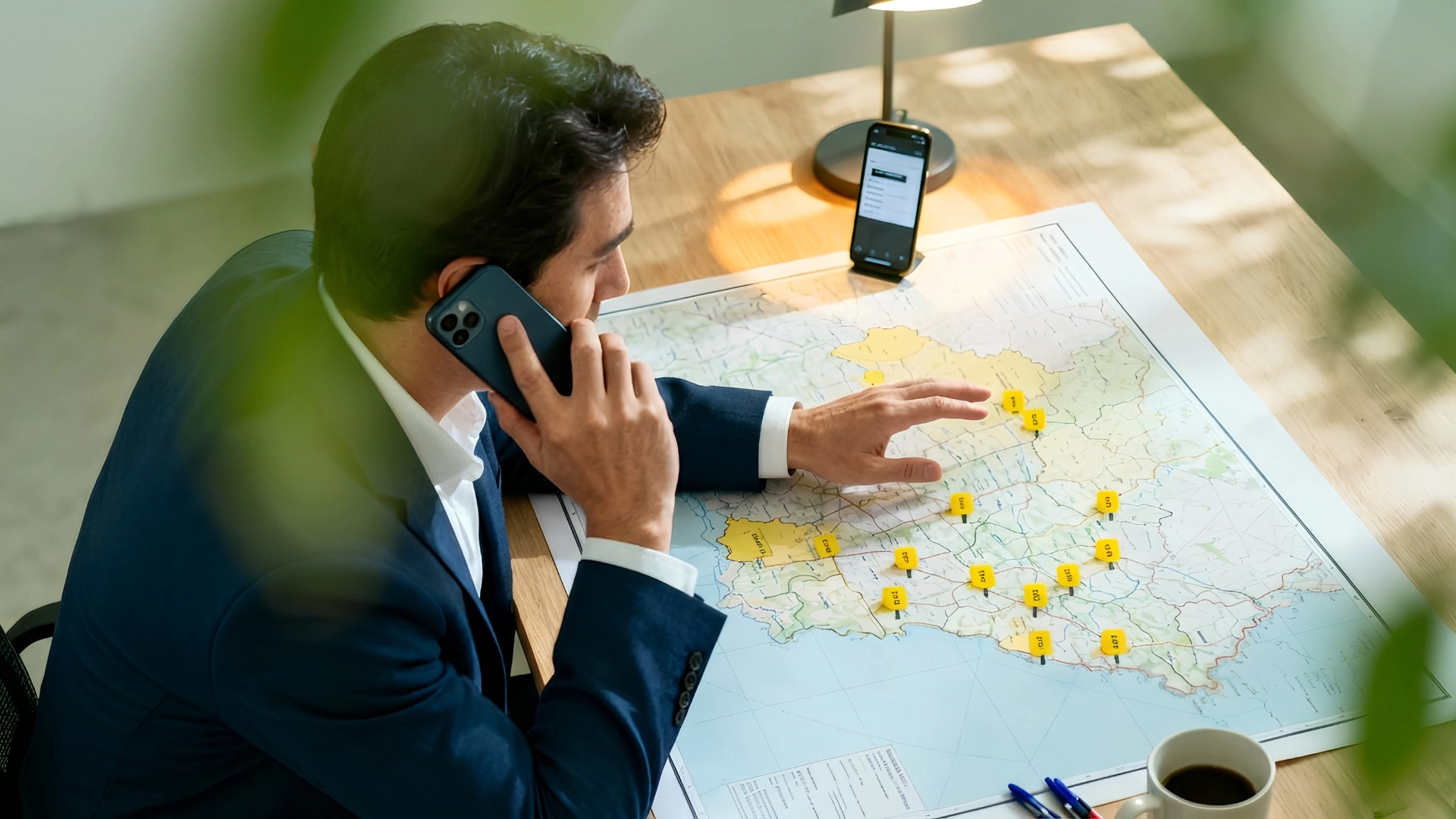 Fleet manager on phone coordinating a commercial truck breakdown response while reviewing a repair network map