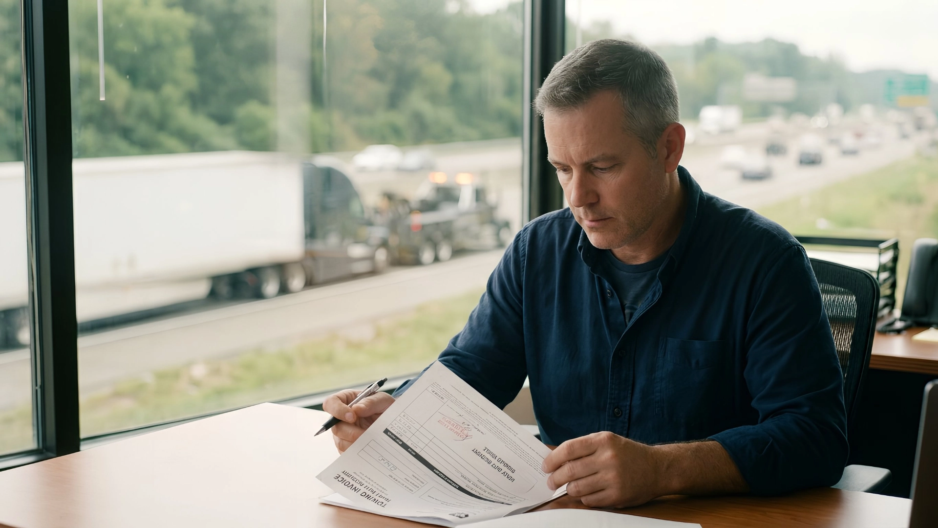 Fleet manager reviewing a commercial truck towing invoice at a desk with a disabled semi truck visible on the highway shoulder in the background