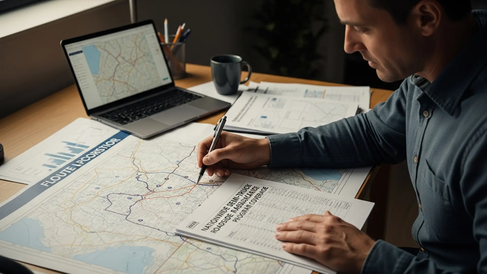Fleet manager tracing a route corridor on a map while reviewing a nationwide semi truck roadside assistance program coverage document, looking for gaps on rural and secondary highways
