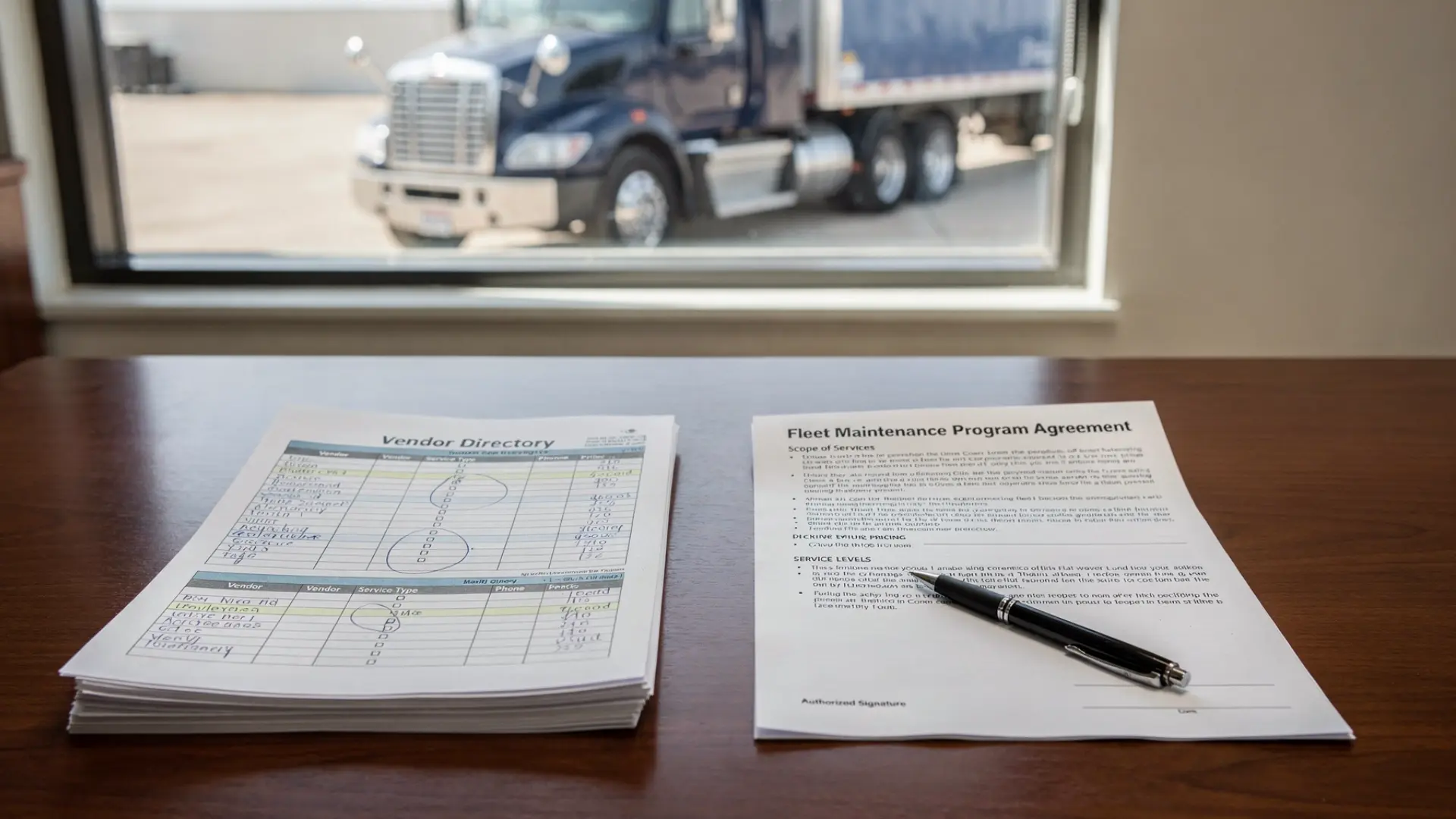 A split comparison of a vendor directory printout and a vetted fleet maintenance program contract on a desk, with a Class 8 semi truck visible through an office window