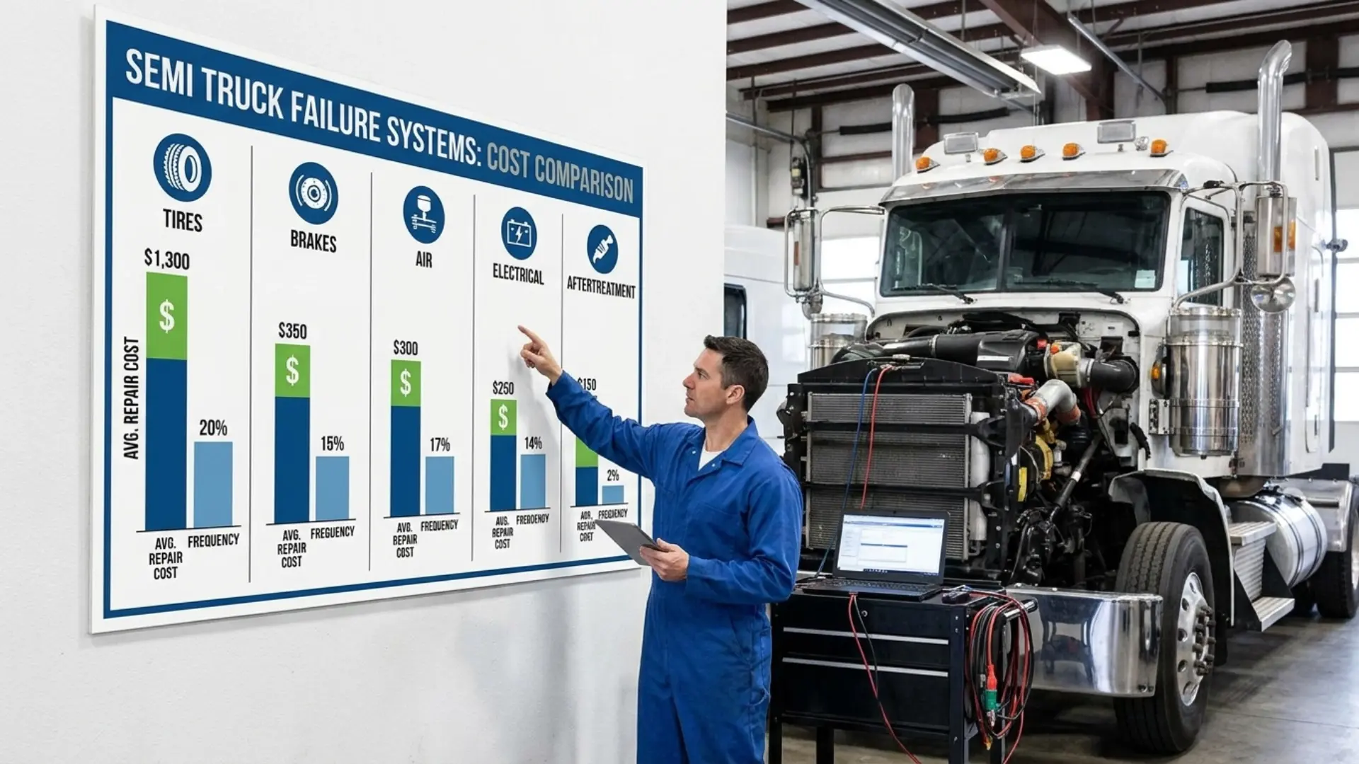 A side-by-side cost comparison chart of five semi truck failure systems - tires, brakes, air, electrical, and aftertreatment - mounted on a shop wall next to a Class 8 tractor undergoing diagnostics