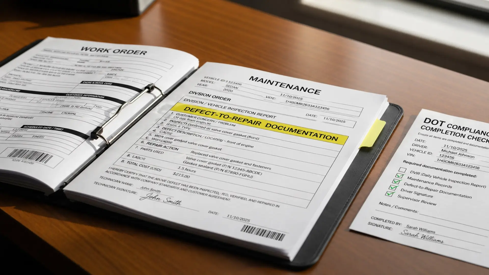 A commercial truck maintenance file folder open on a desk showing work orders, DVIR records, and annual inspection reports, with a highlighted defect-to-repair documentation chain and a DOT compliance checklist beside it