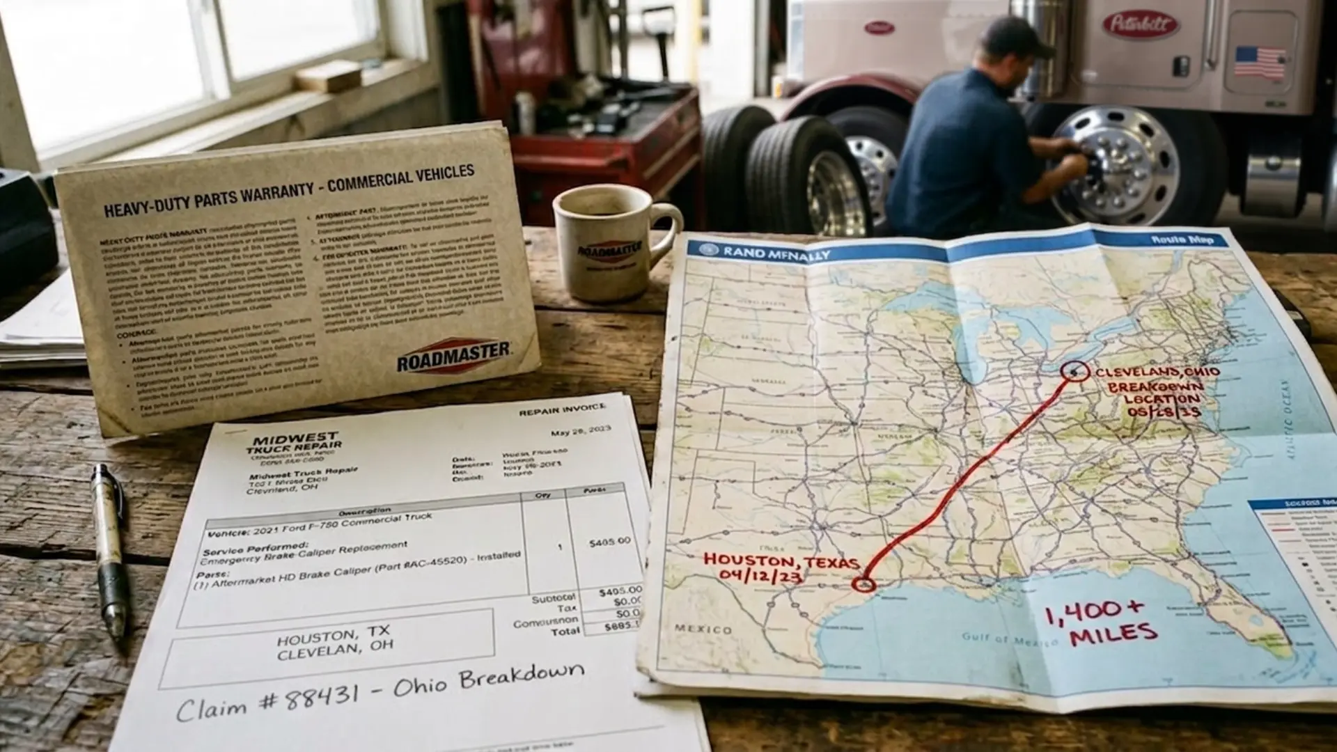 An open parts warranty document next to a repair invoice showing an aftermarket brake caliper installed in Texas on a commercial truck, with a US route map marking the breakdown location in Ohio 1,400 miles away