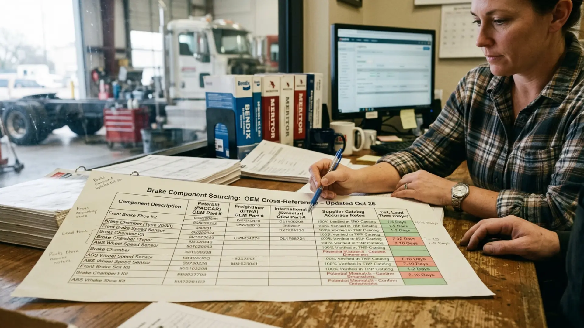 A parts sourcing comparison sheet showing three OEM part numbering systems for Peterbilt, Freightliner, and International brake components side by side, with supplier catalog accuracy notes and lead time data marked in red and green