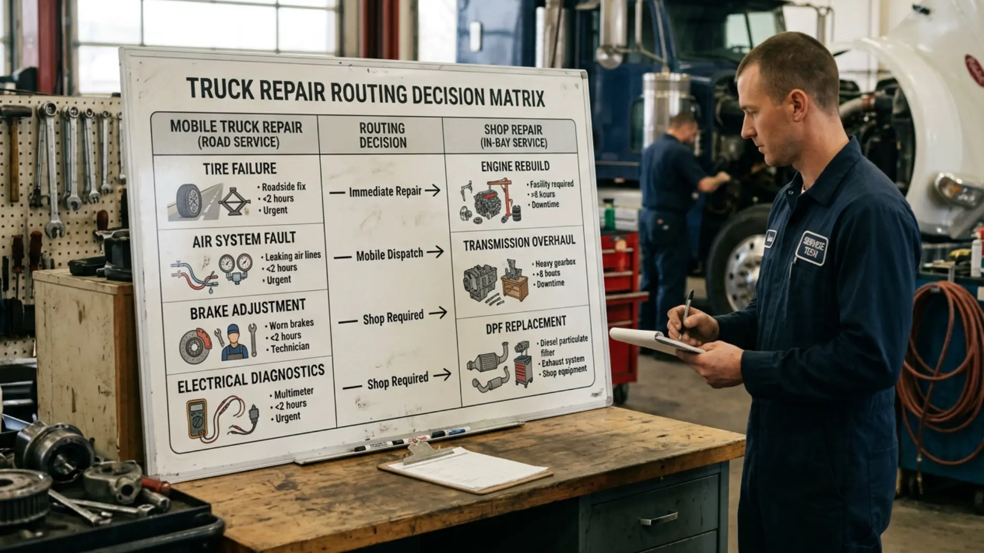 A side-by-side decision matrix showing mobile truck repair scenarios on the left (tire failure, air system fault, brake adjustment, electrical diagnostics) and shop repair scenarios on the right (engine rebuild, transmission overhaul, DPF replacement)