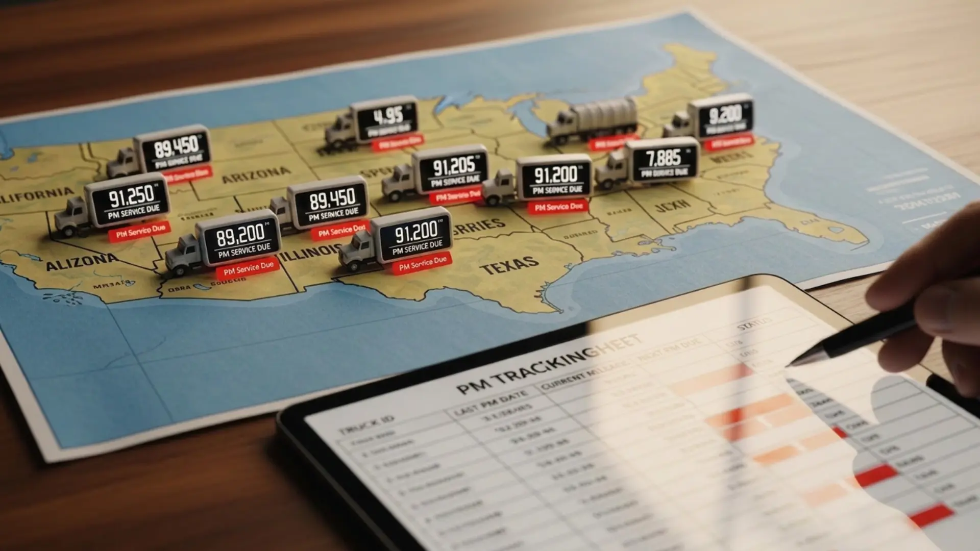 A US route map marked with 12 truck locations across eight states, each unit showing a mileage counter approaching a PM service window, with a dispatcher's PM tracking spreadsheet visible in the foreground