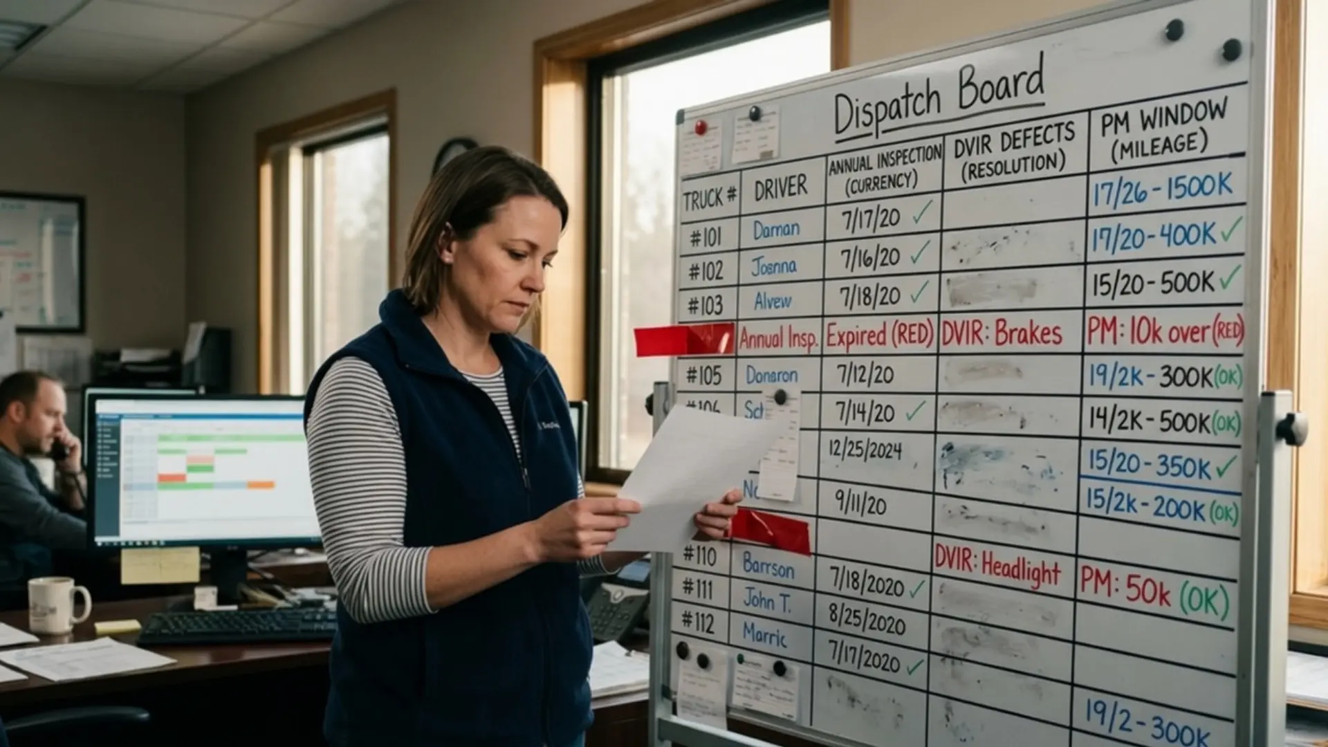 Dispatch board showing pre-dispatch status for 12 trucks: annual inspection currency, DVIR defect resolution, and PM window mileage, with two units flagged red