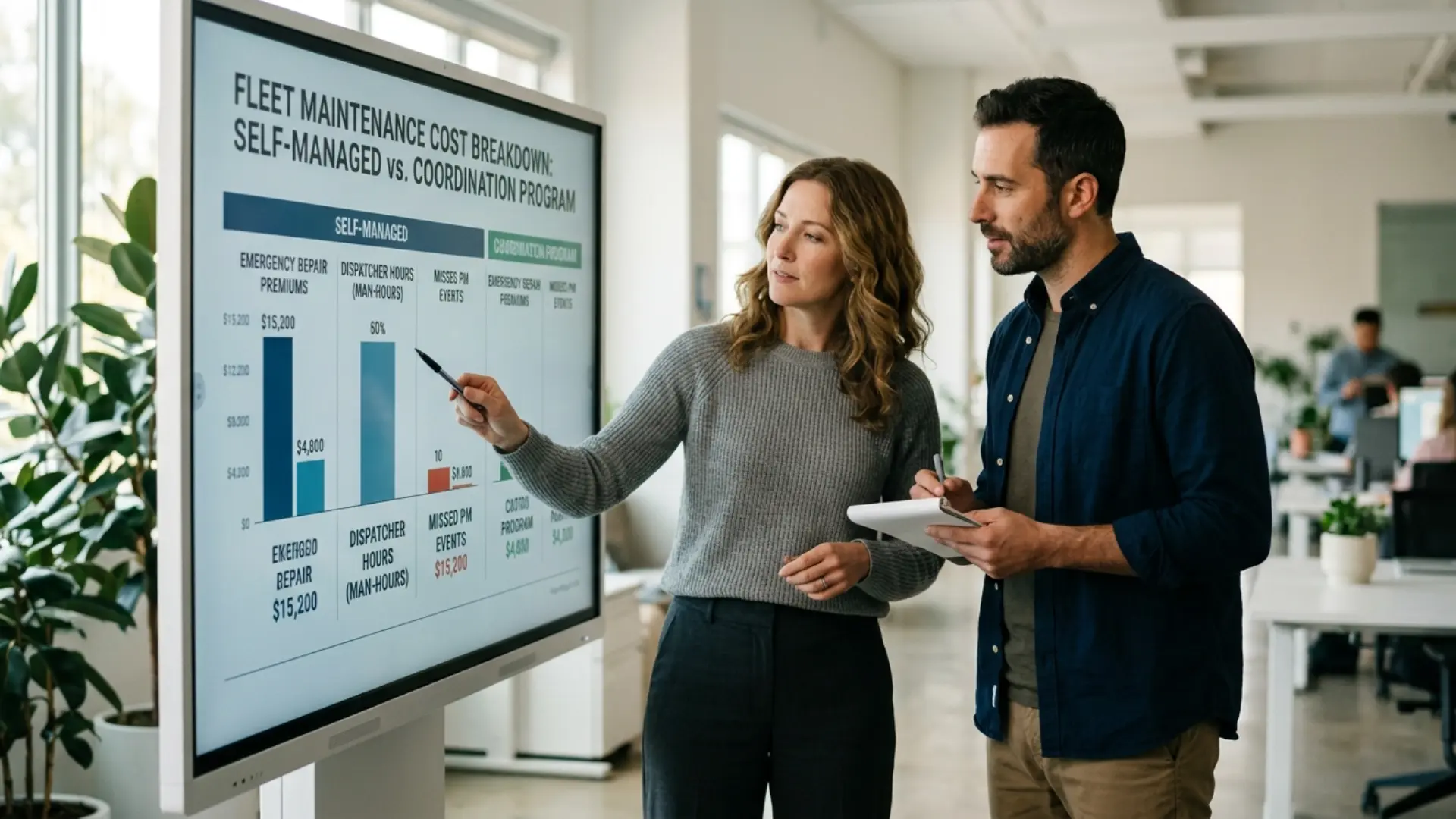 Self-managed fleet maintenance versus coordination program cost breakdown, showing emergency repair premiums, dispatcher hours, and missed PM event costs