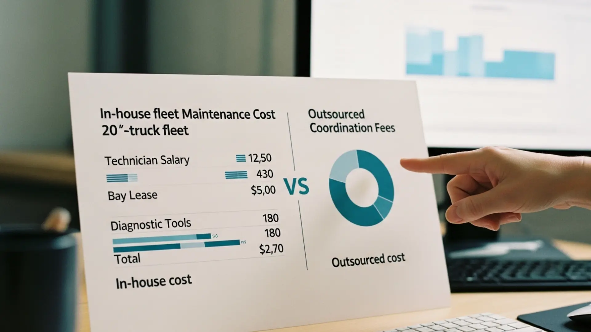 In-house fleet maintenance cost breakdown versus outsourced coordination fees, showing technician salary, bay lease, and diagnostic tools for a 20-truck fleet