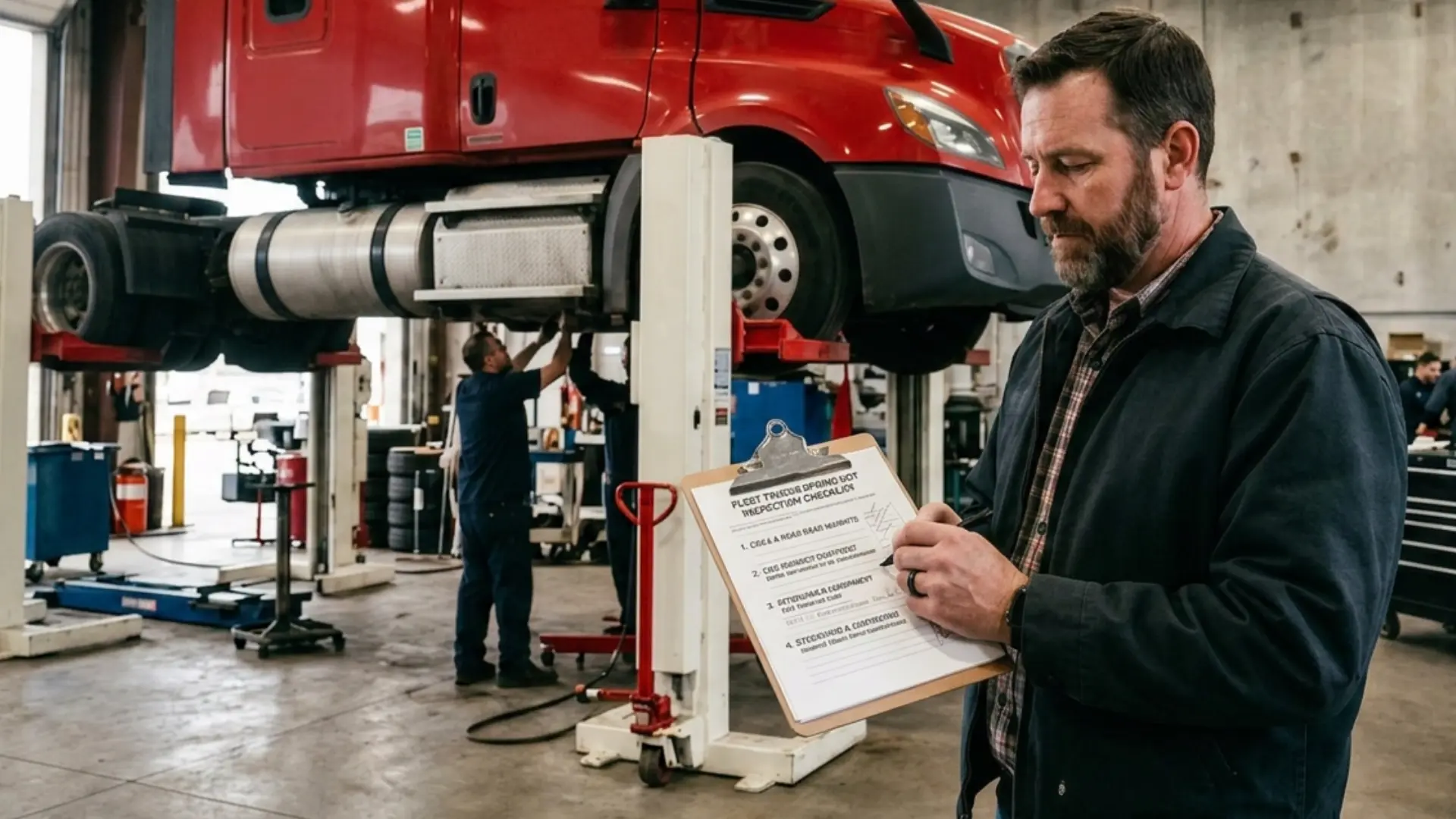 Fleet truck repair shop evaluation checklist covering Class 8 lift capacity, OEM diagnostic tooling, after-hours availability, and documentation standard