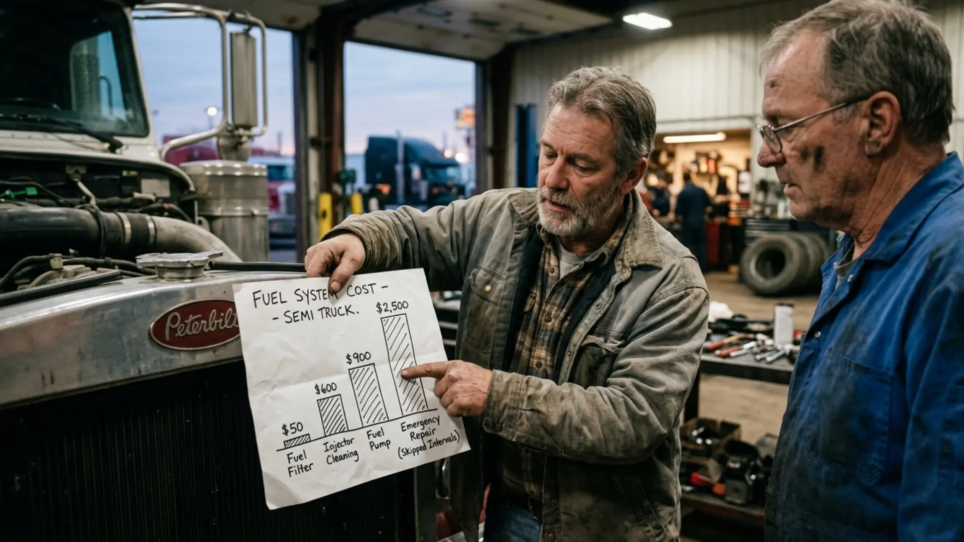 Fuel system cost escalation chart for semi trucks: $50 filter to $600 injector cleaning to $900 pump to $2,500 emergency repair when intervals are skipped