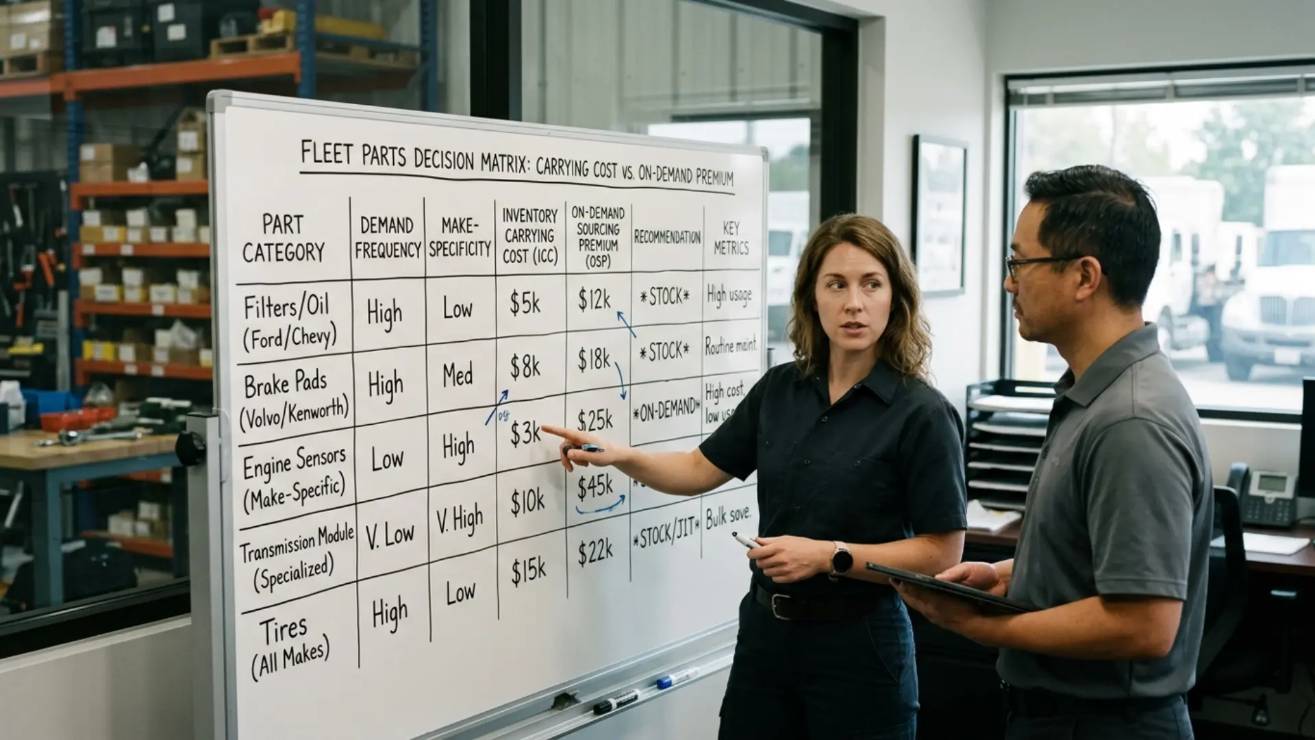 Fleet parts decision matrix comparing physical inventory carrying cost against on-demand sourcing premium for high-frequency and make-specific part categories