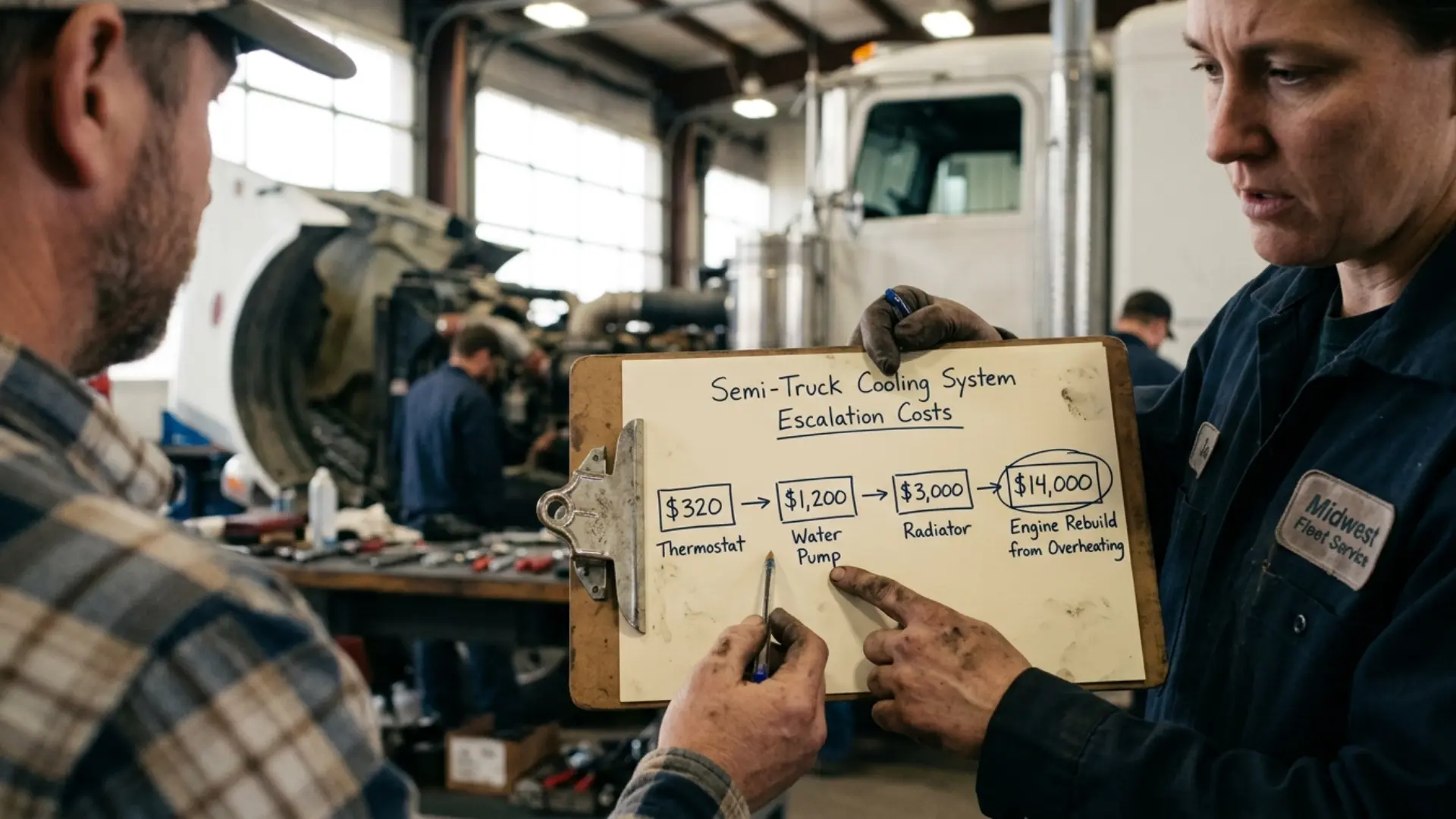 Semi truck cooling system cost escalation chart: $320 thermostat to $1,200 water pump to $3,000 radiator to $14,000 engine rebuild from overheating
