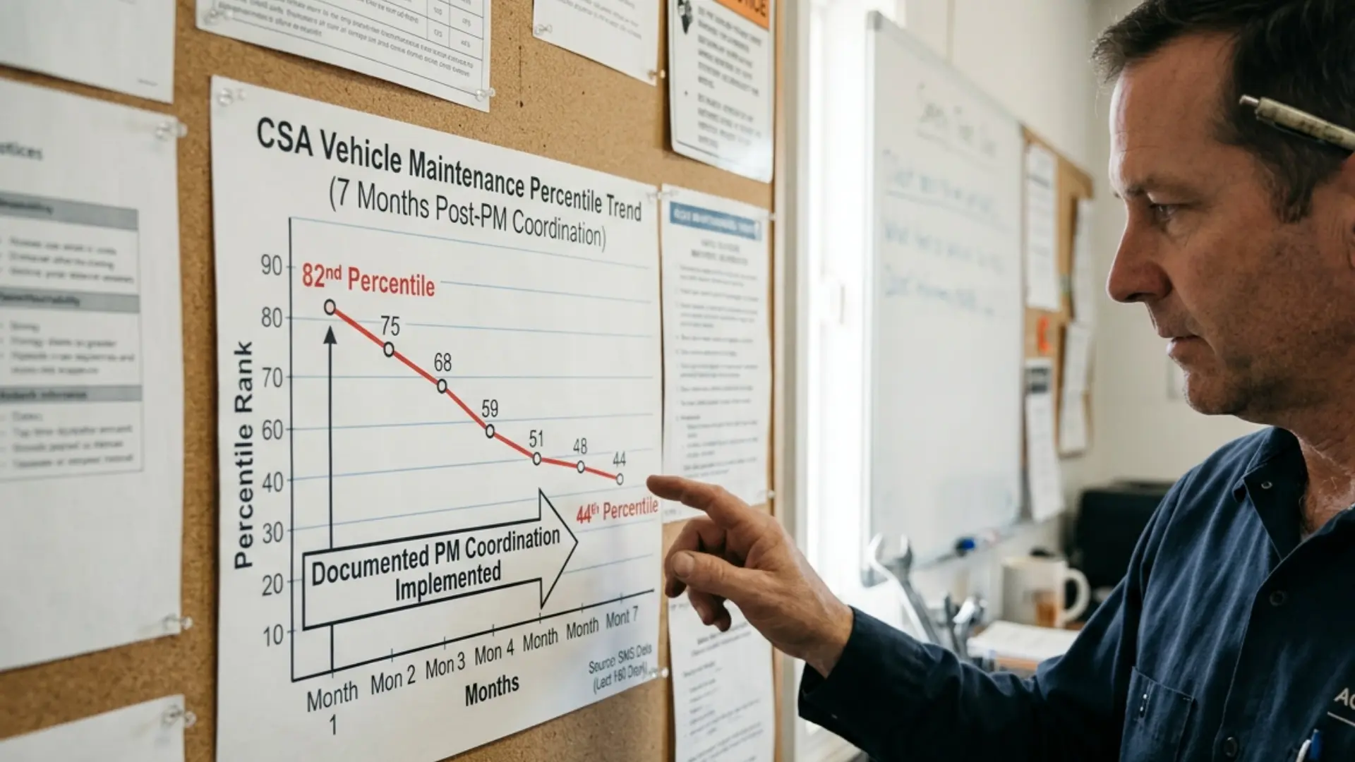 CSA Vehicle Maintenance percentile trend chart showing decline from 82nd to 44th percentile over 7 months after implementing documented PM coordination