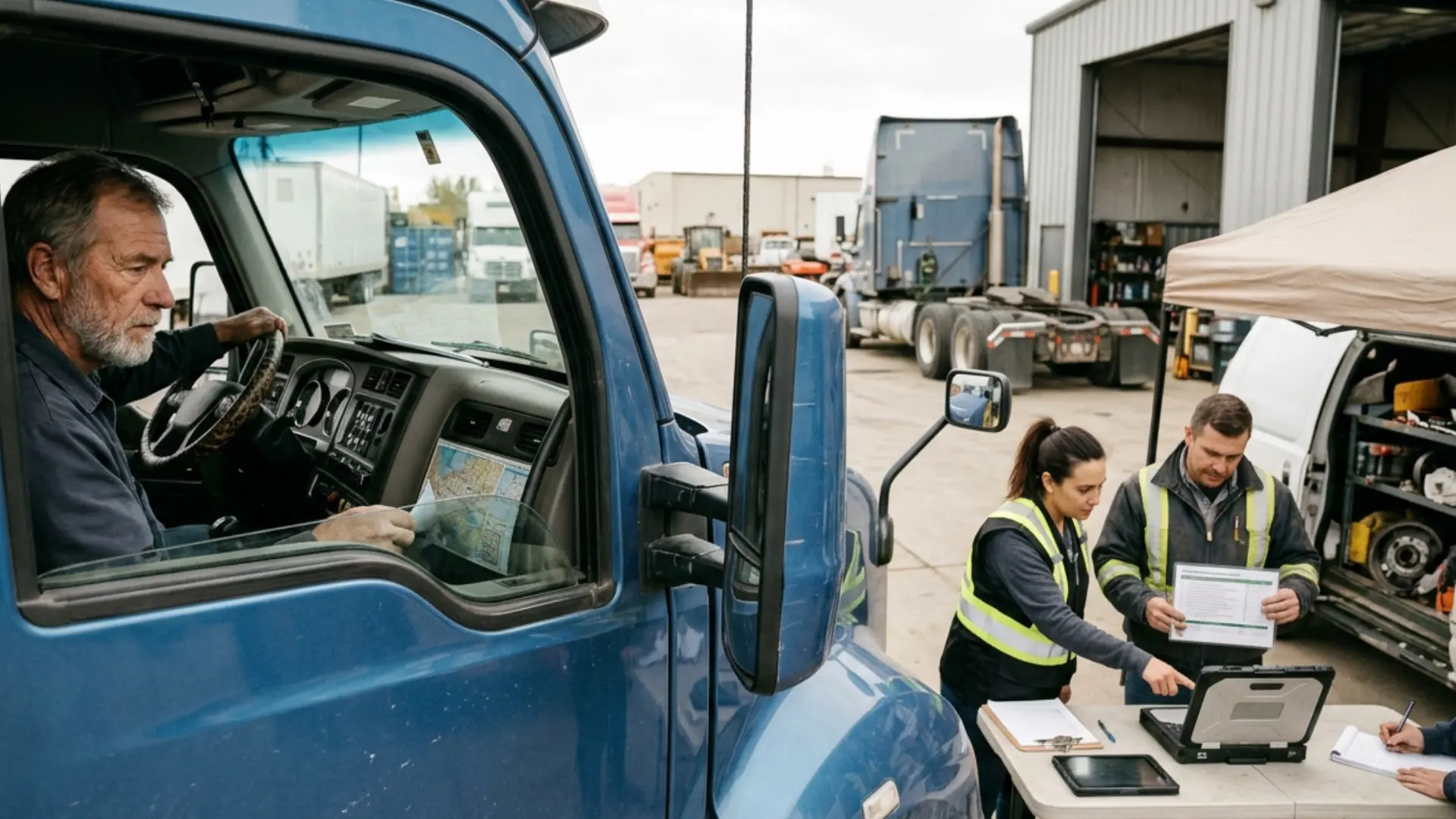 Owner-operator driving with a maintenance coordination team handling PM tracking, breakdown dispatch, and documentation in the background