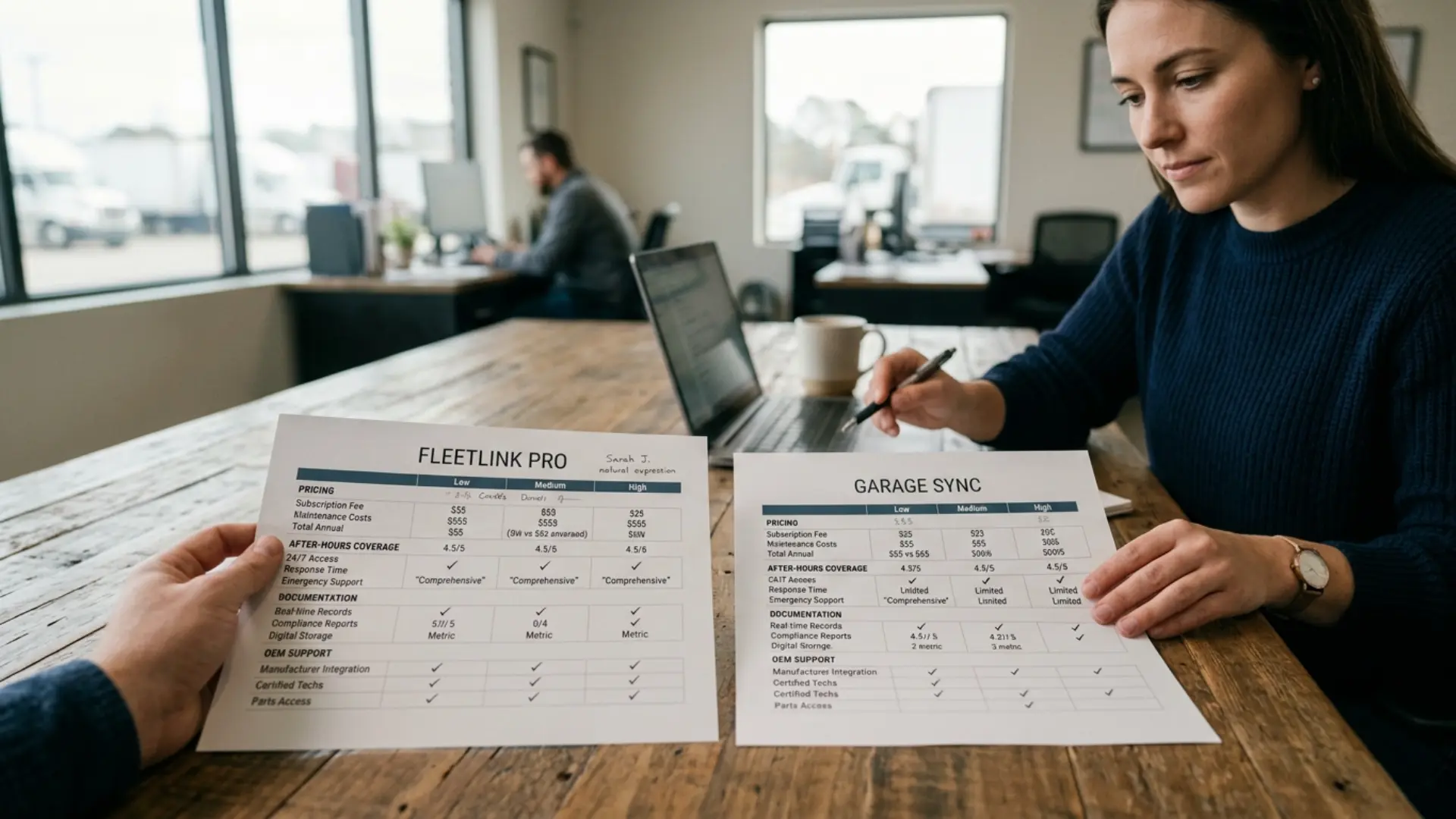 Side-by-side scorecard comparing two fleet maintenance coordination programs across pricing, after-hours coverage, documentation, and OEM support