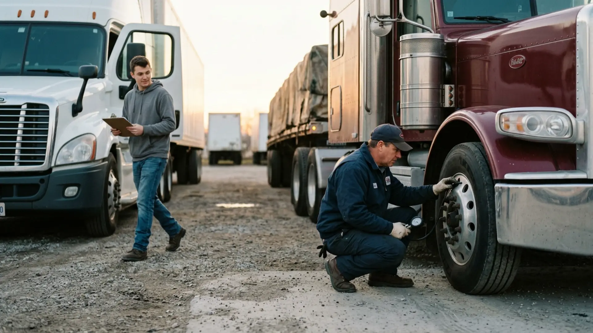Two drivers completing pre-trip inspections side by side, one taking 27 seconds without checking components, one thoroughly inspecting brakes and tires