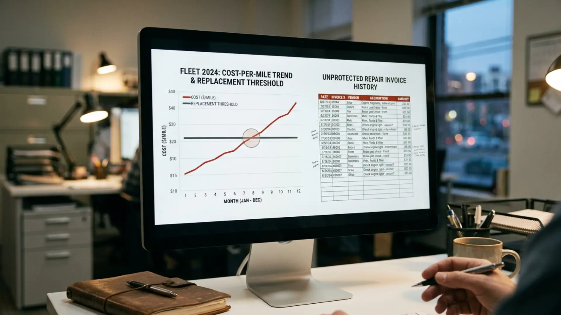 Truck cost-per-mile trend chart crossing the replacement threshold line, with a repair invoice history table showing scattered, uncategorized shop data