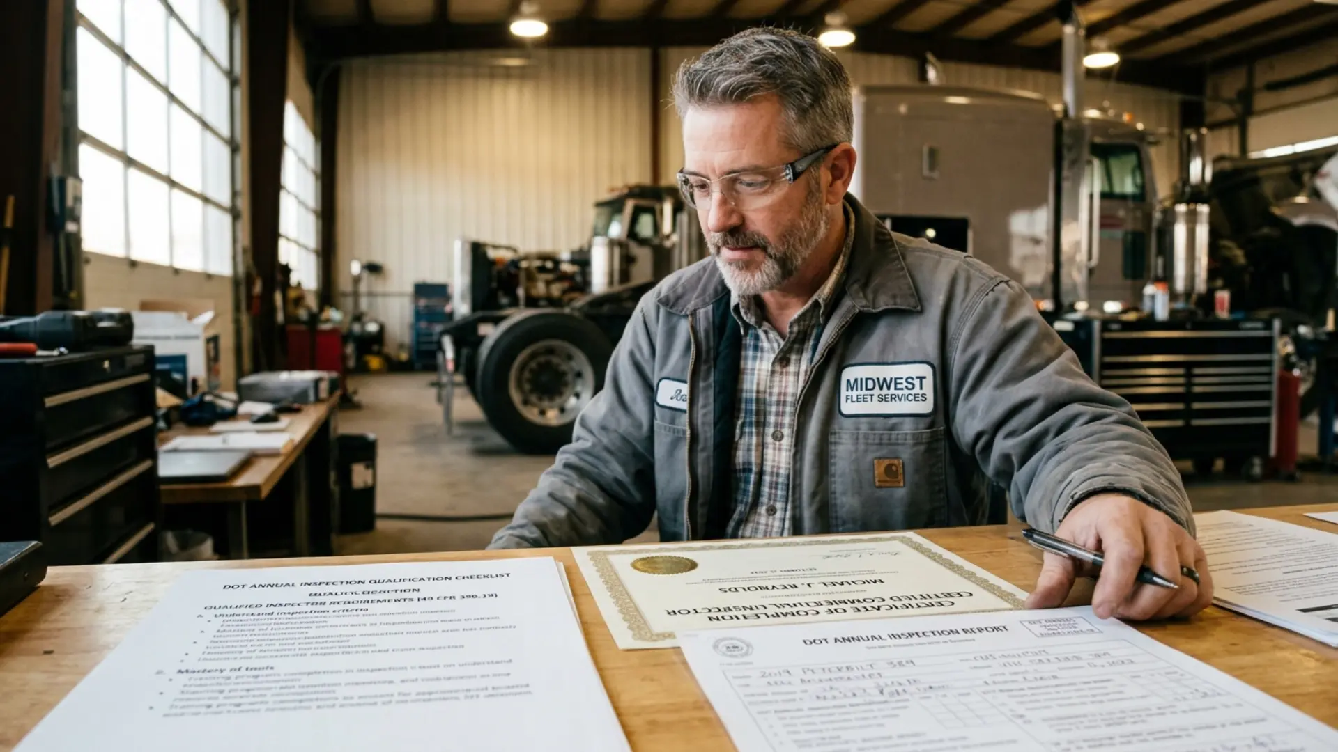 DOT annual inspection qualification checklist showing 49 CFR 396.19 requirements next to an inspector training certificate and a truck inspection report
