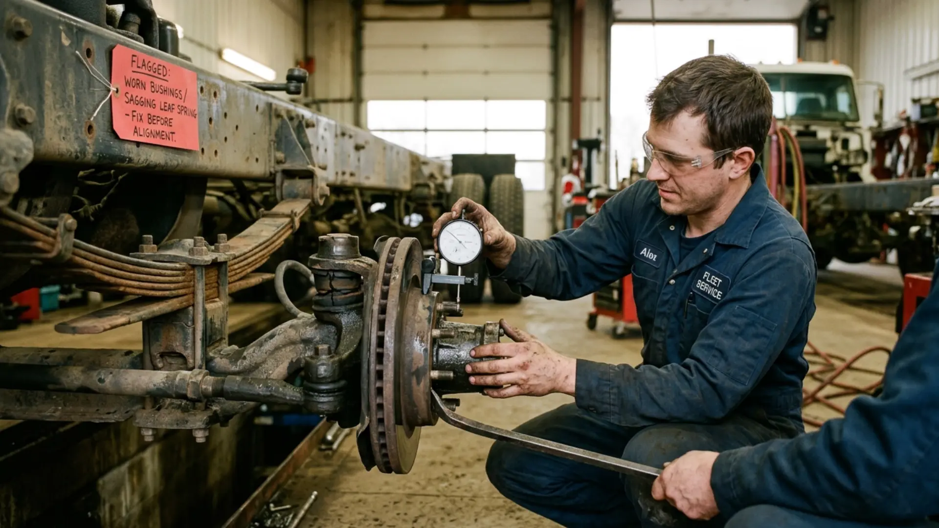 Steer axle inspection showing kingpin play measurement and ride height check performed before an alignment, with worn bushings and a sagging leaf spring flagged