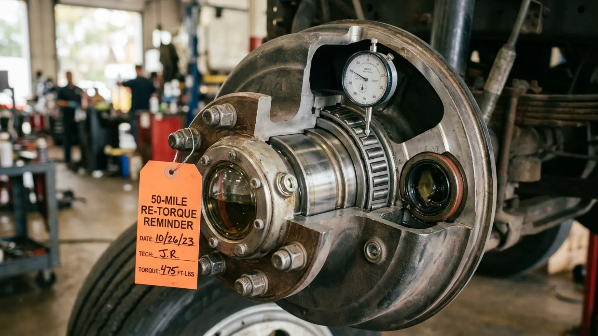 Wheel-end cutaway showing bearing endplay measurement, hub oil sight glass, and seal condition, with a 50-mile re-torque reminder tag on the lug nuts