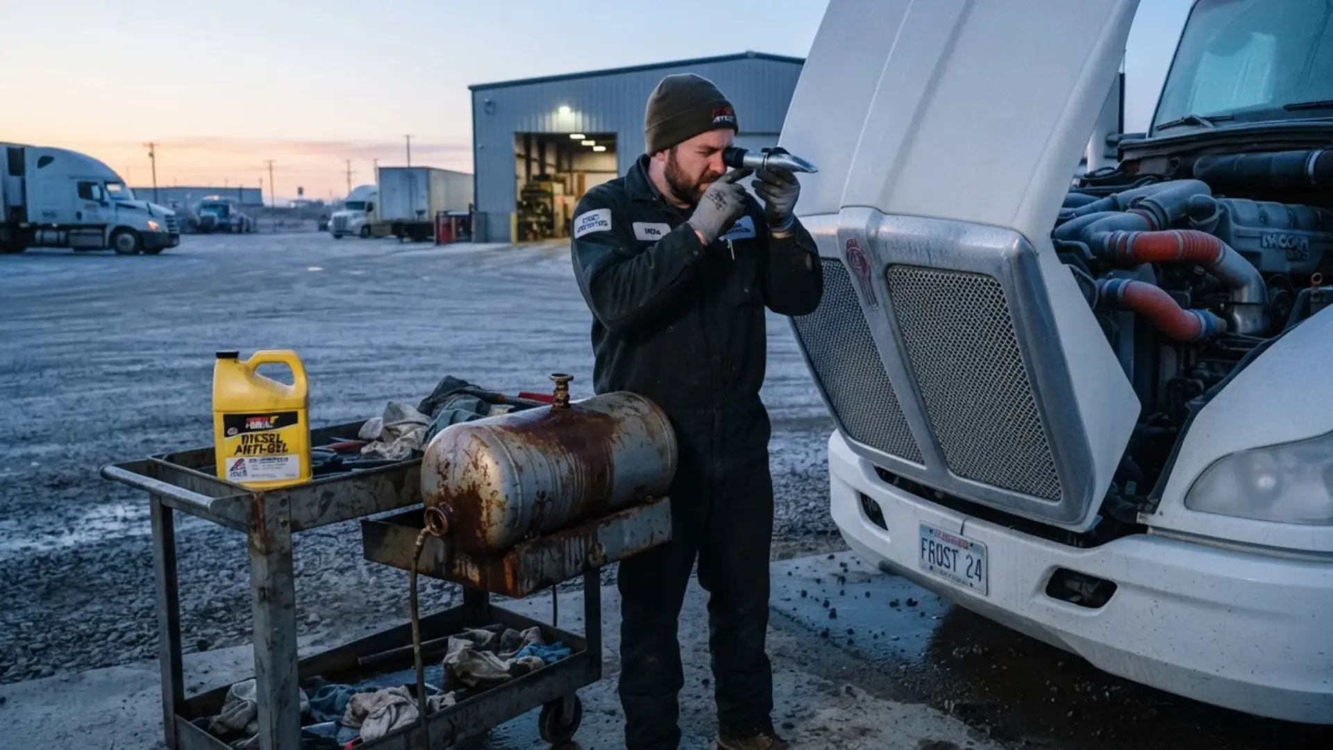 Technician reading a coolant refractometer beside a frosted semi truck at dawn, with a drained air tank and anti-gel bottle on the shop cart